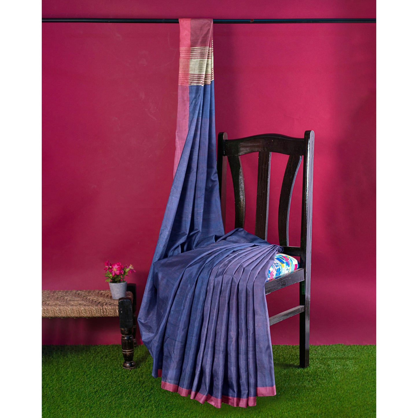 Royal Blue - Red Colored Ghicha Print Saree