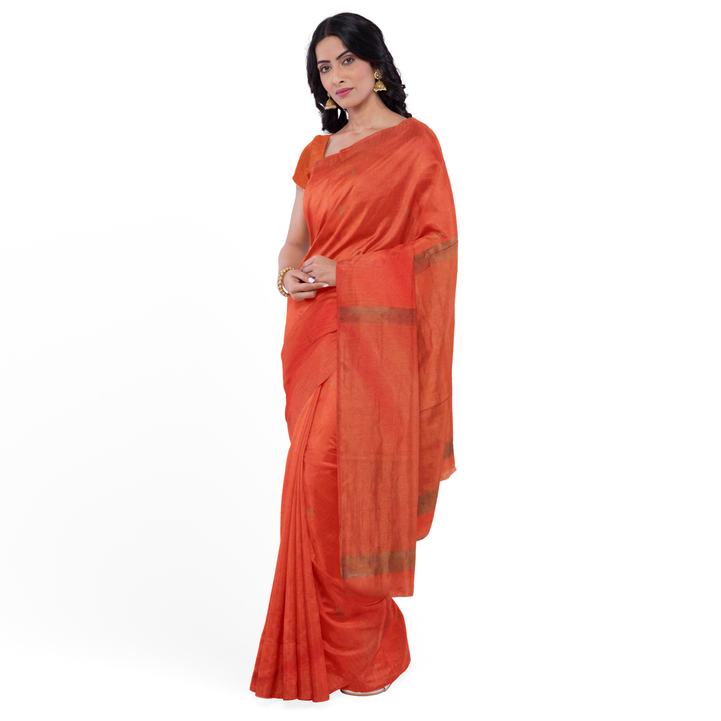 Orange-colored Cotton Silk Saree with Stripes