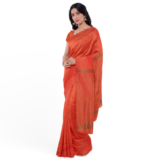 Orange-colored Cotton Silk Saree with Stripes