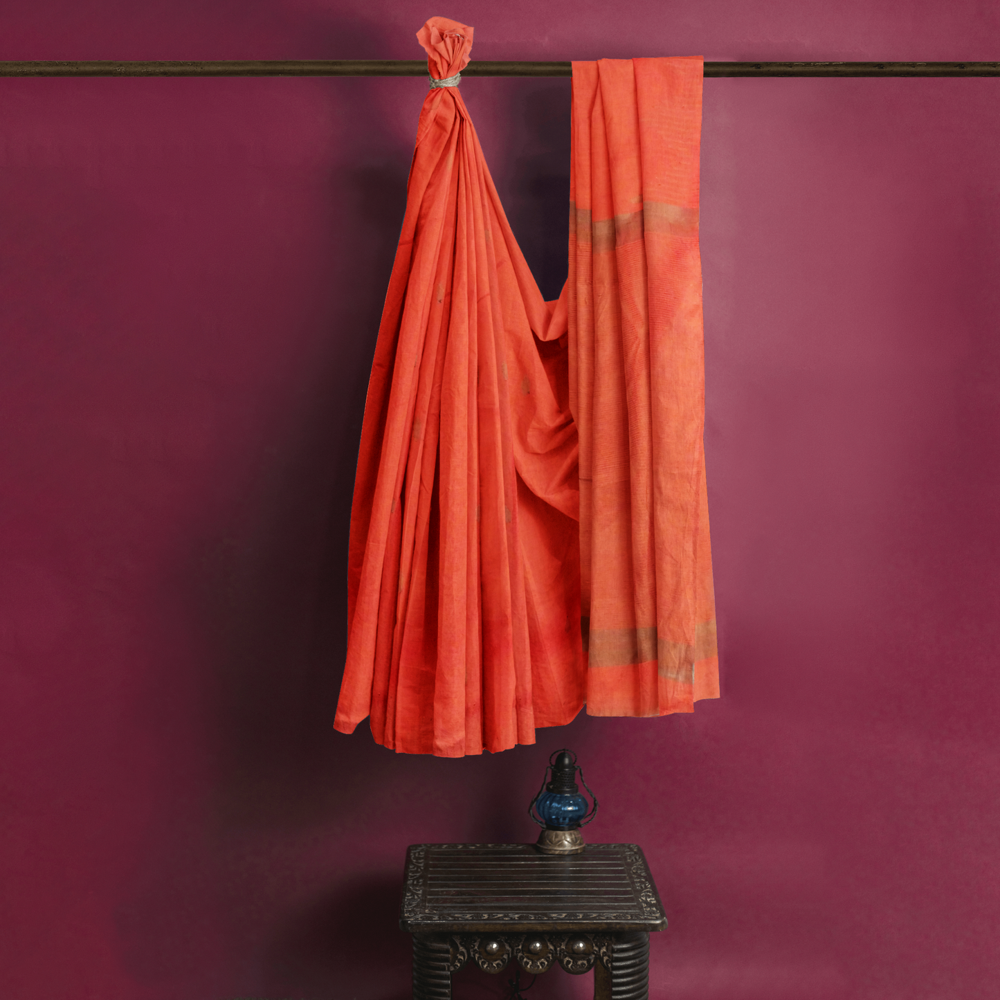 Orange-colored Cotton Silk Saree with Stripes