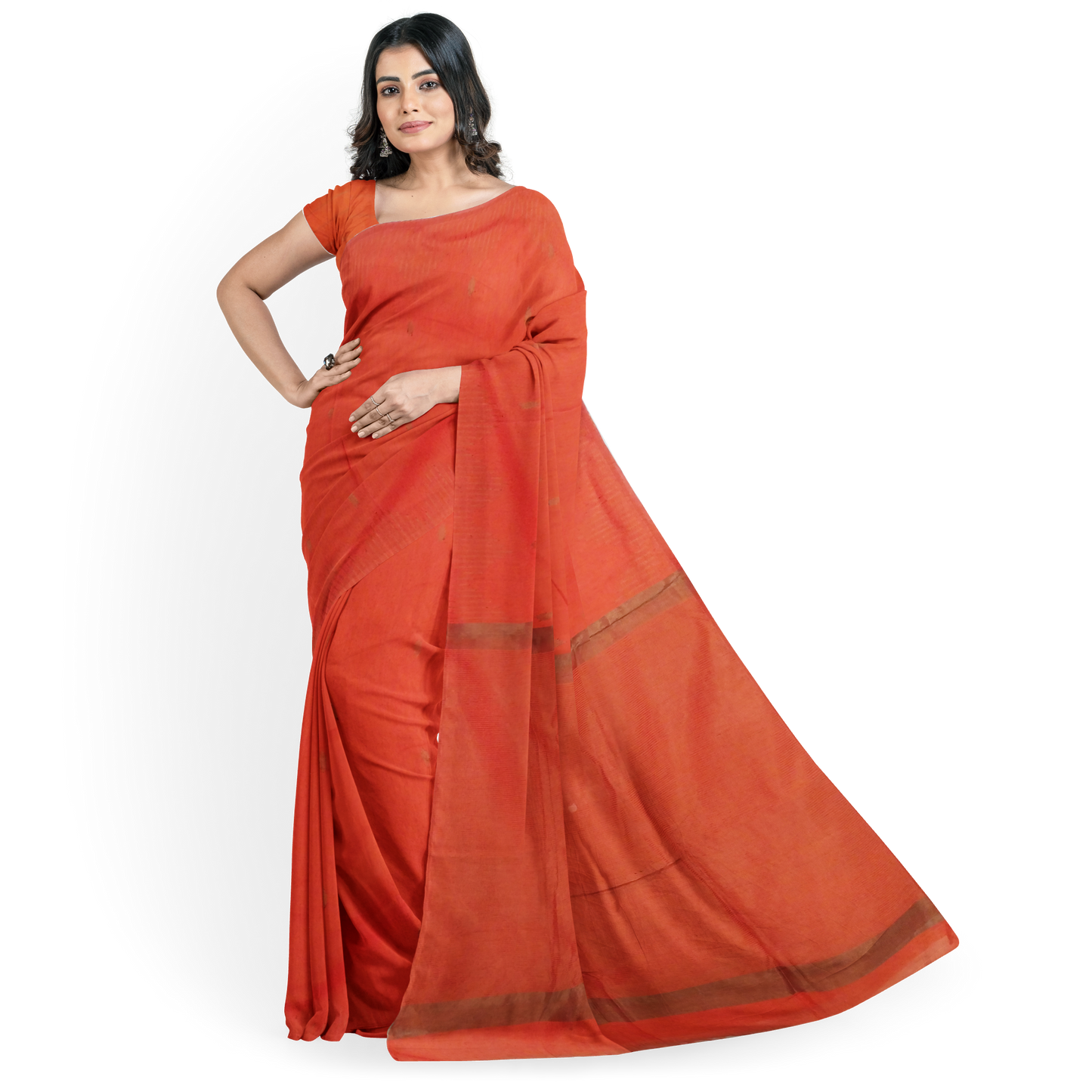 Orange-colored Cotton Silk Saree with Stripes