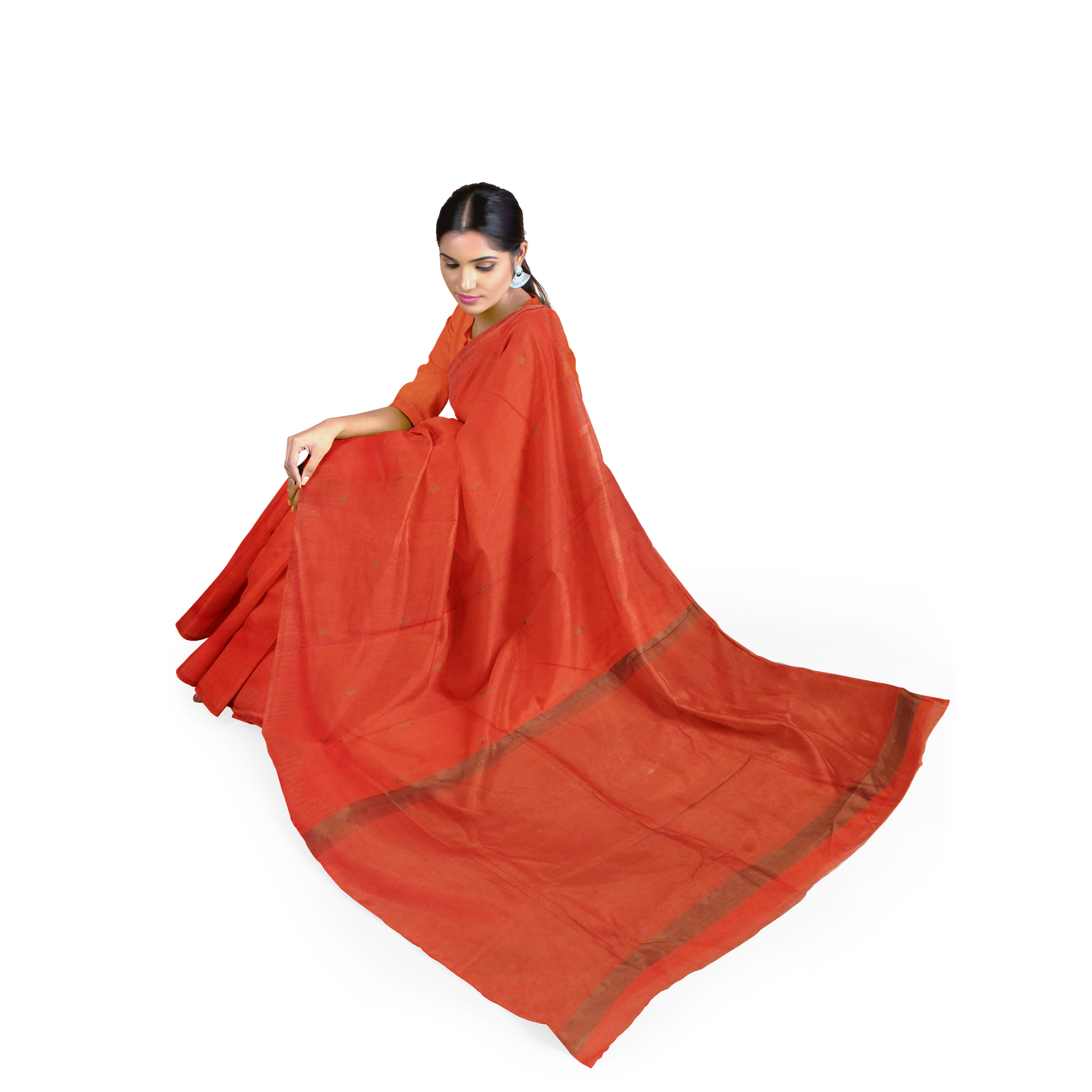 Orange-colored Cotton Silk Saree with Stripes