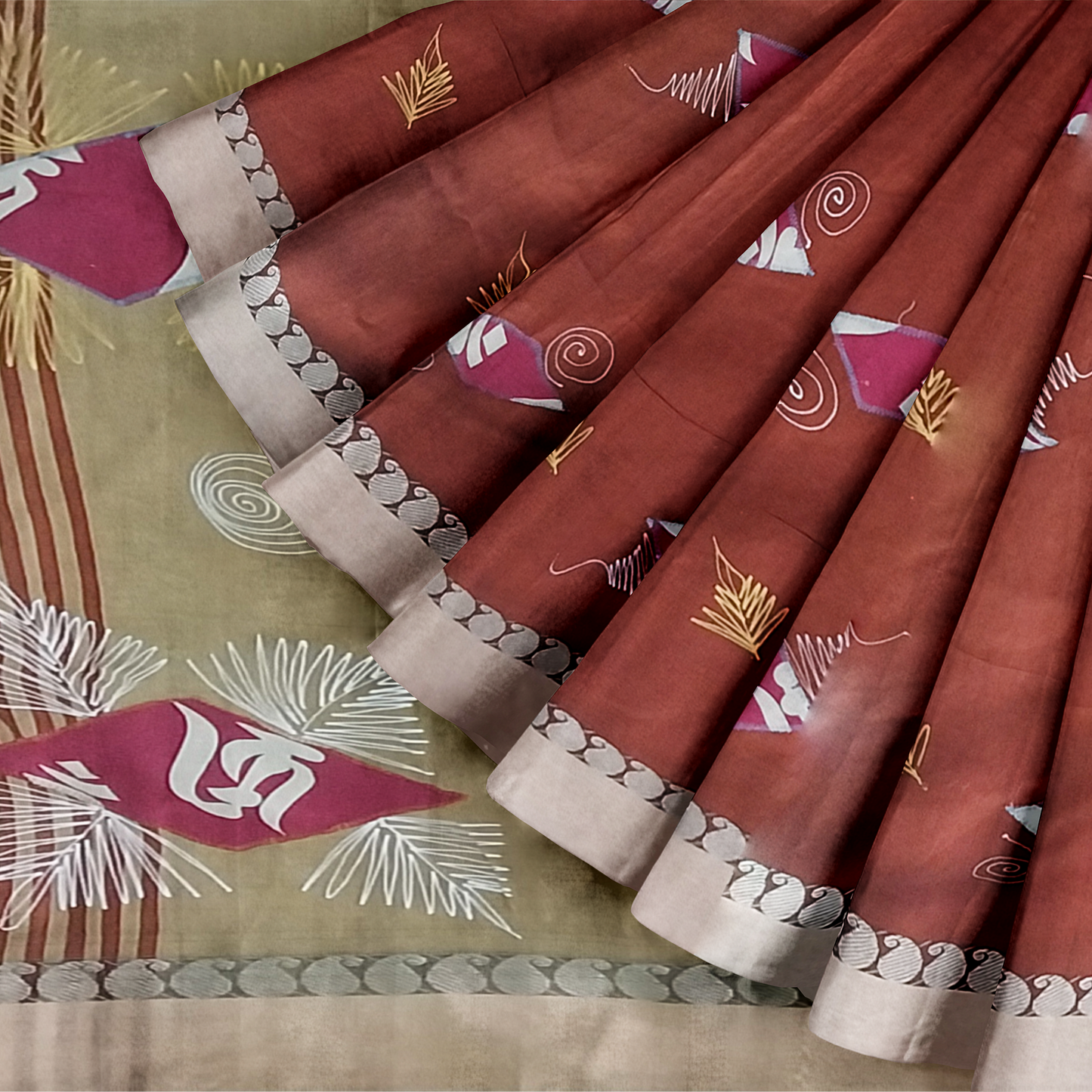 Hand Printed Maroon Cotton Silk Saree