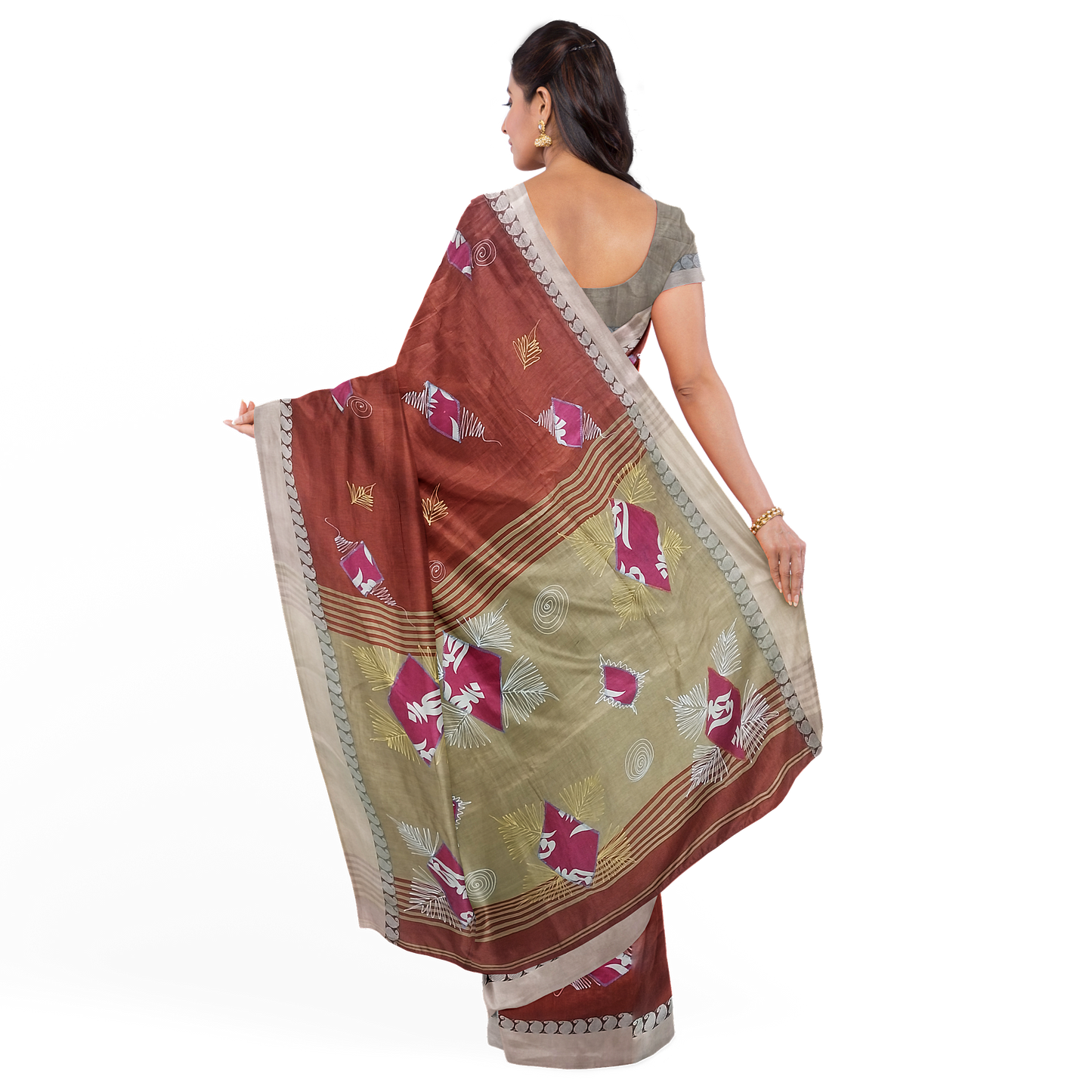 Hand Printed Maroon Cotton Silk Saree