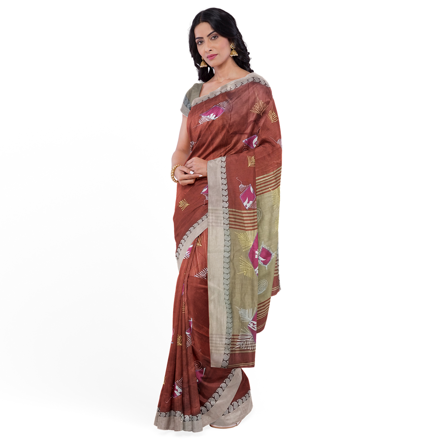 Hand Printed Maroon Cotton Silk Saree