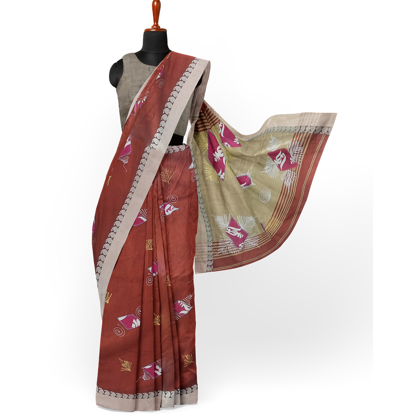 Hand Printed Maroon Cotton Silk Saree