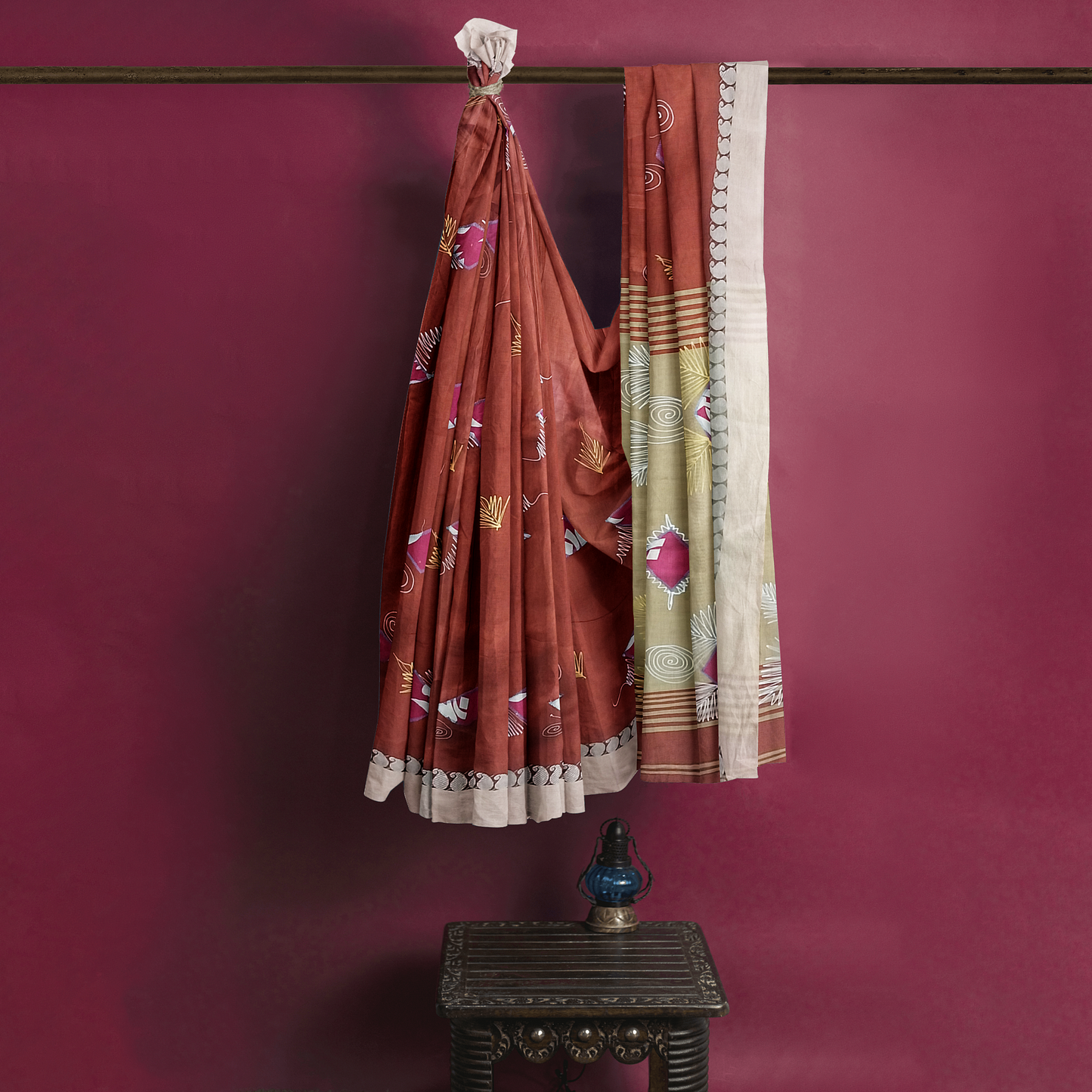 Hand Printed Maroon Cotton Silk Saree