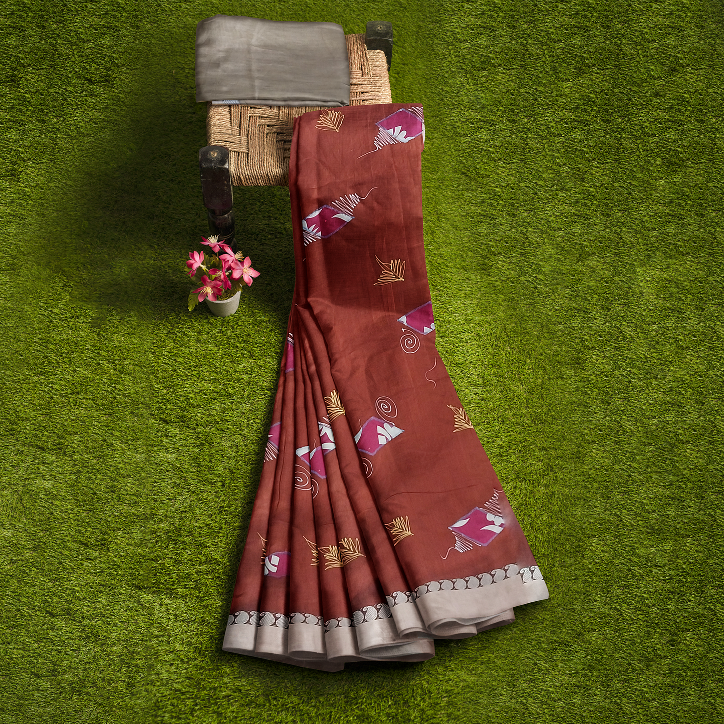 Hand Printed Maroon Cotton Silk Saree