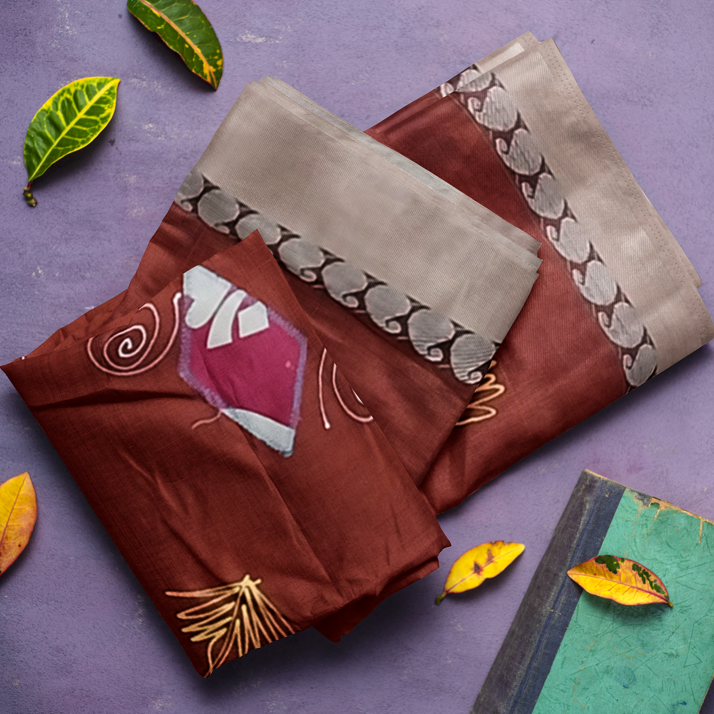 Hand Printed Maroon Cotton Silk Saree