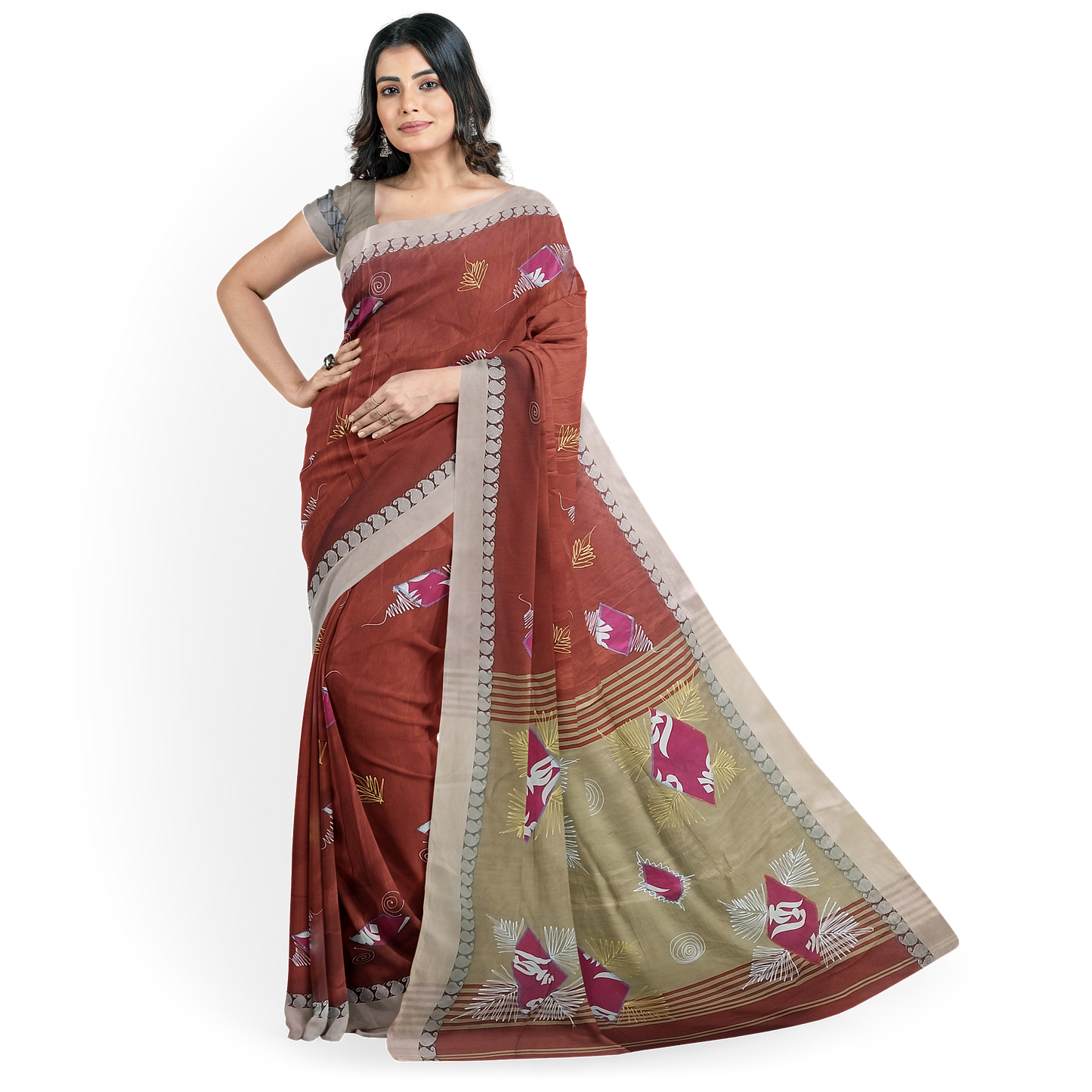 Hand Printed Maroon Cotton Silk Saree
