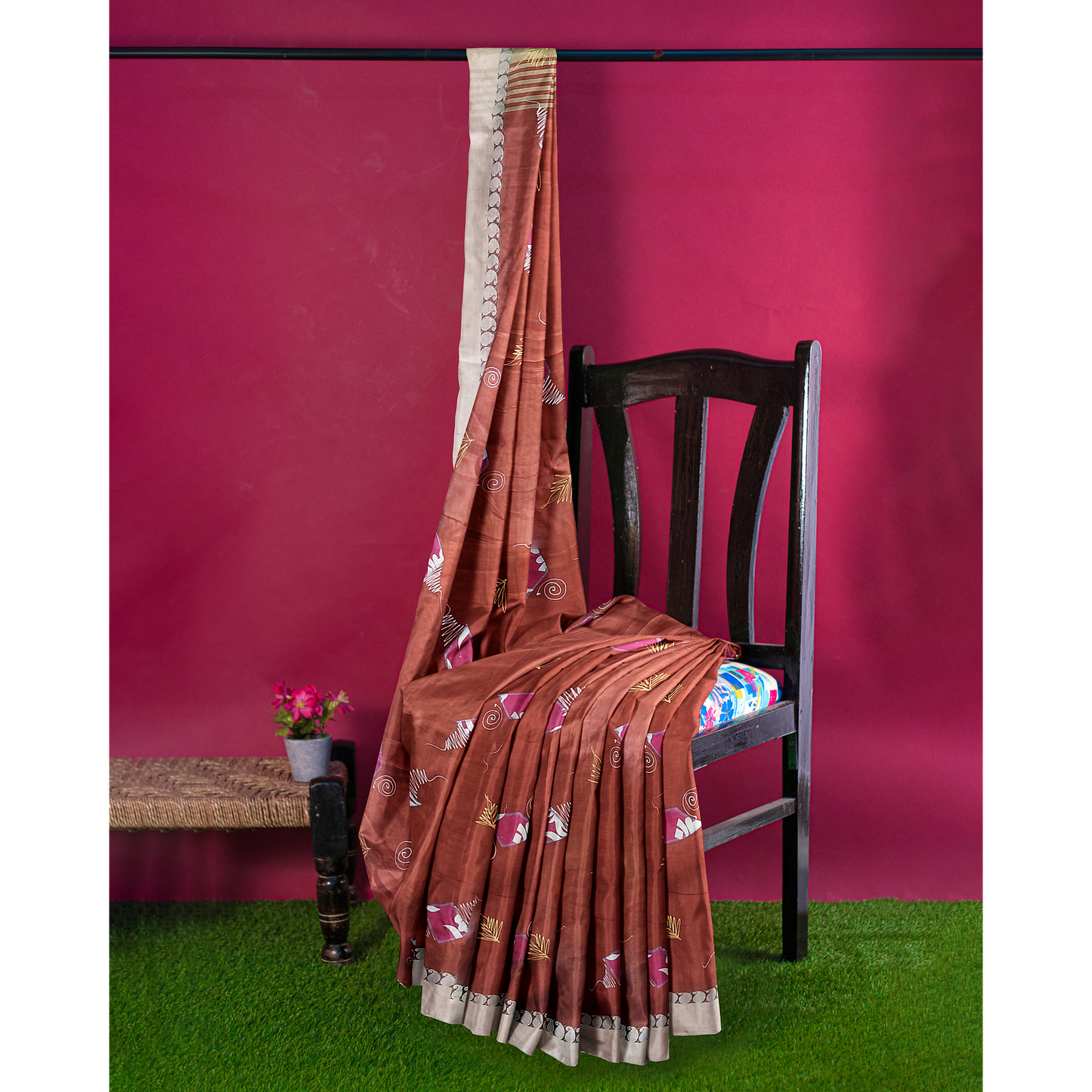 Hand Printed Maroon Cotton Silk Saree