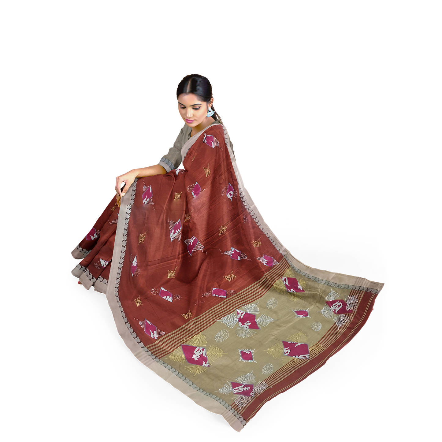 Hand Printed Maroon Cotton Silk Saree