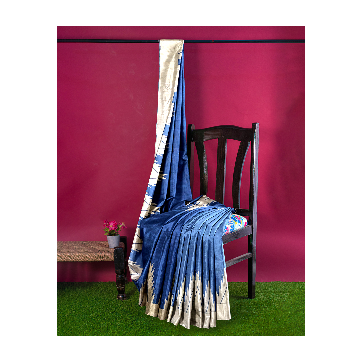 Blue-Colored Saree with Golden Hues