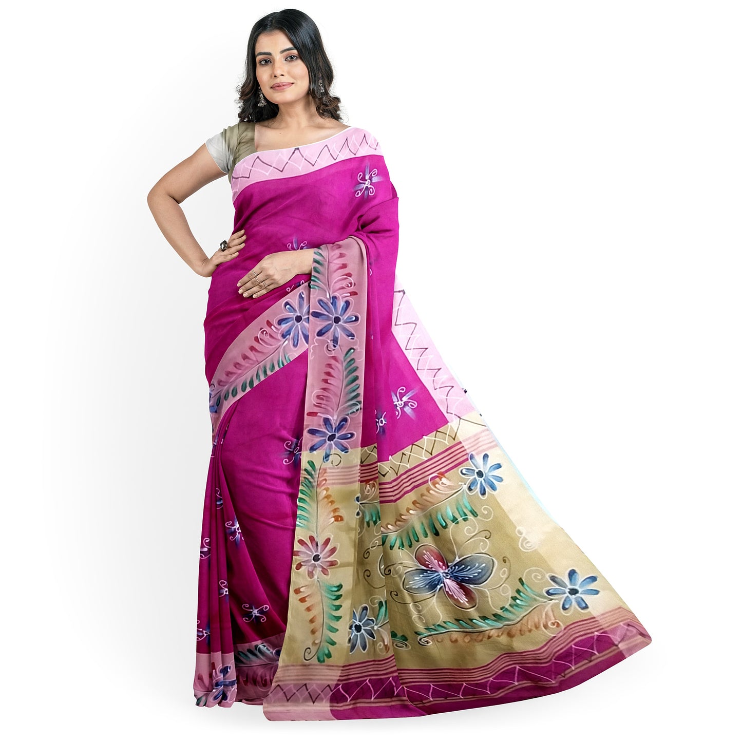 Lovely Saree with Pink and Golden Colored Print