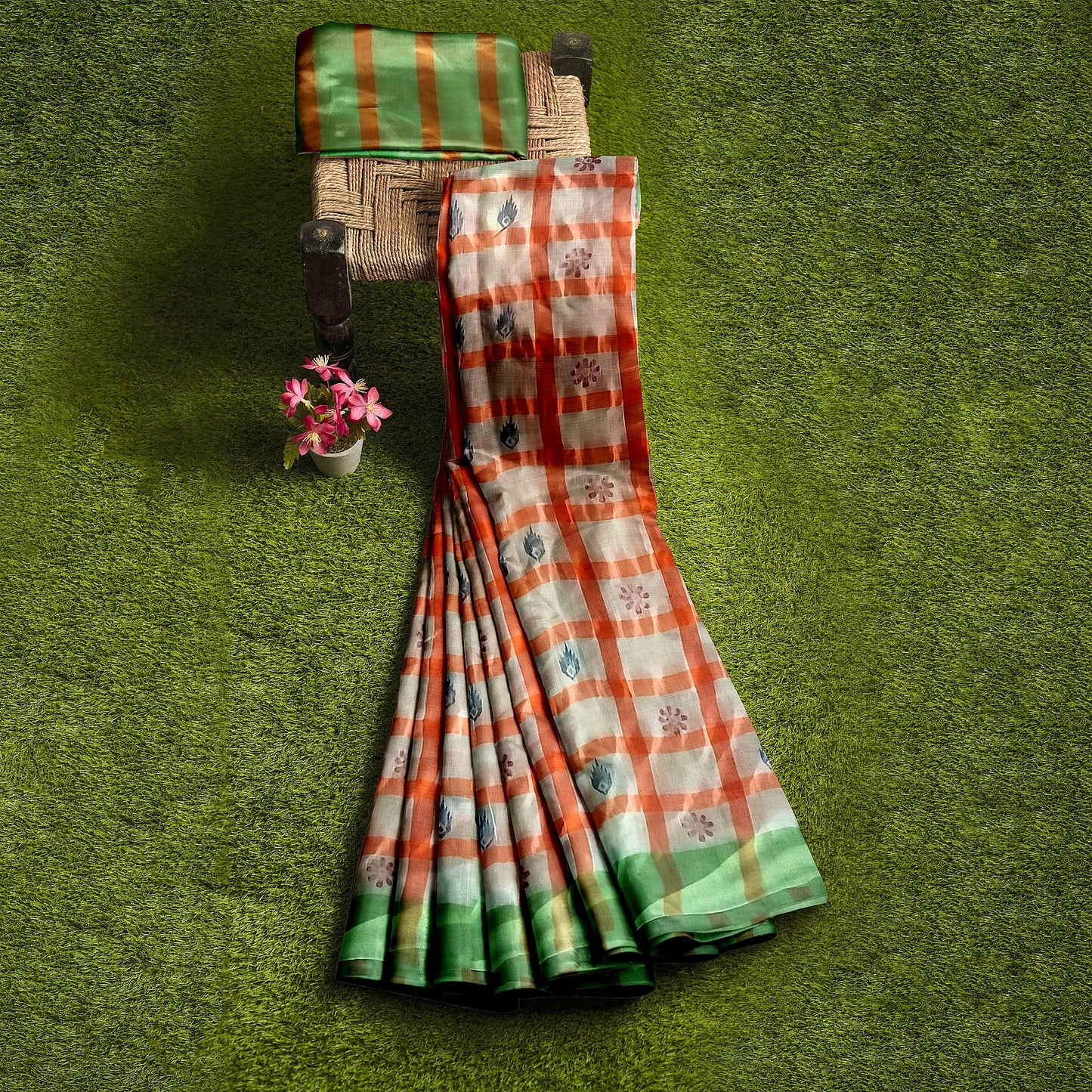 Stunning White and Orange Cotton Saree