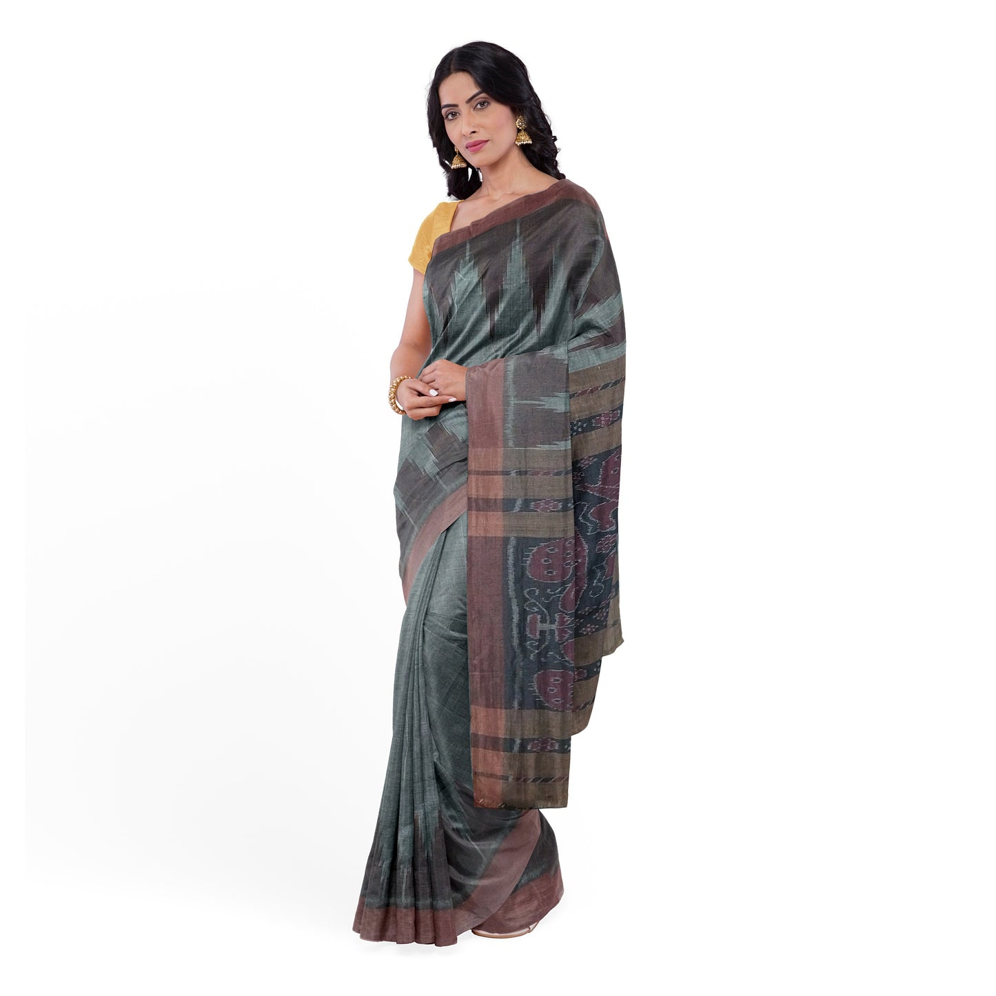 Sambalpuri Hand Woven Grey Saree with Black-Brown Blouse