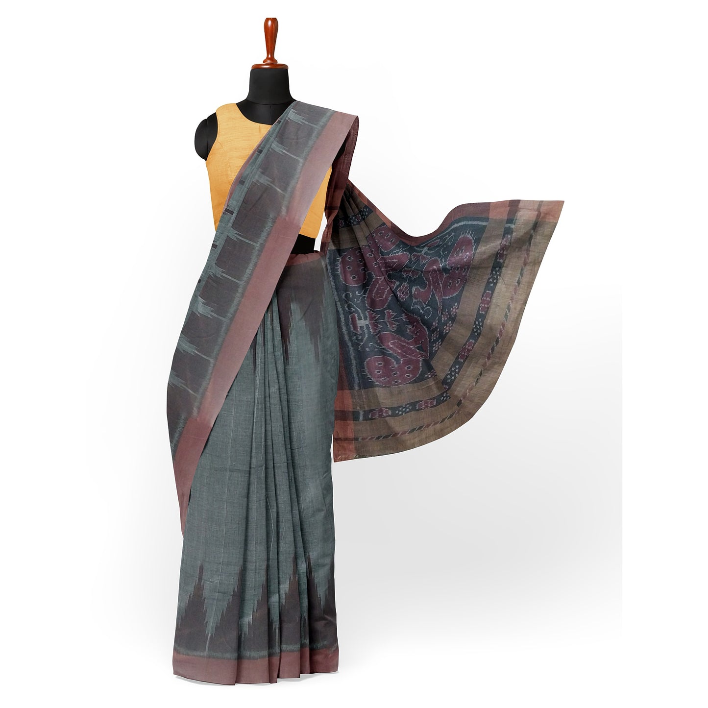 Sambalpuri Hand Woven Grey Saree with Black-Brown Blouse