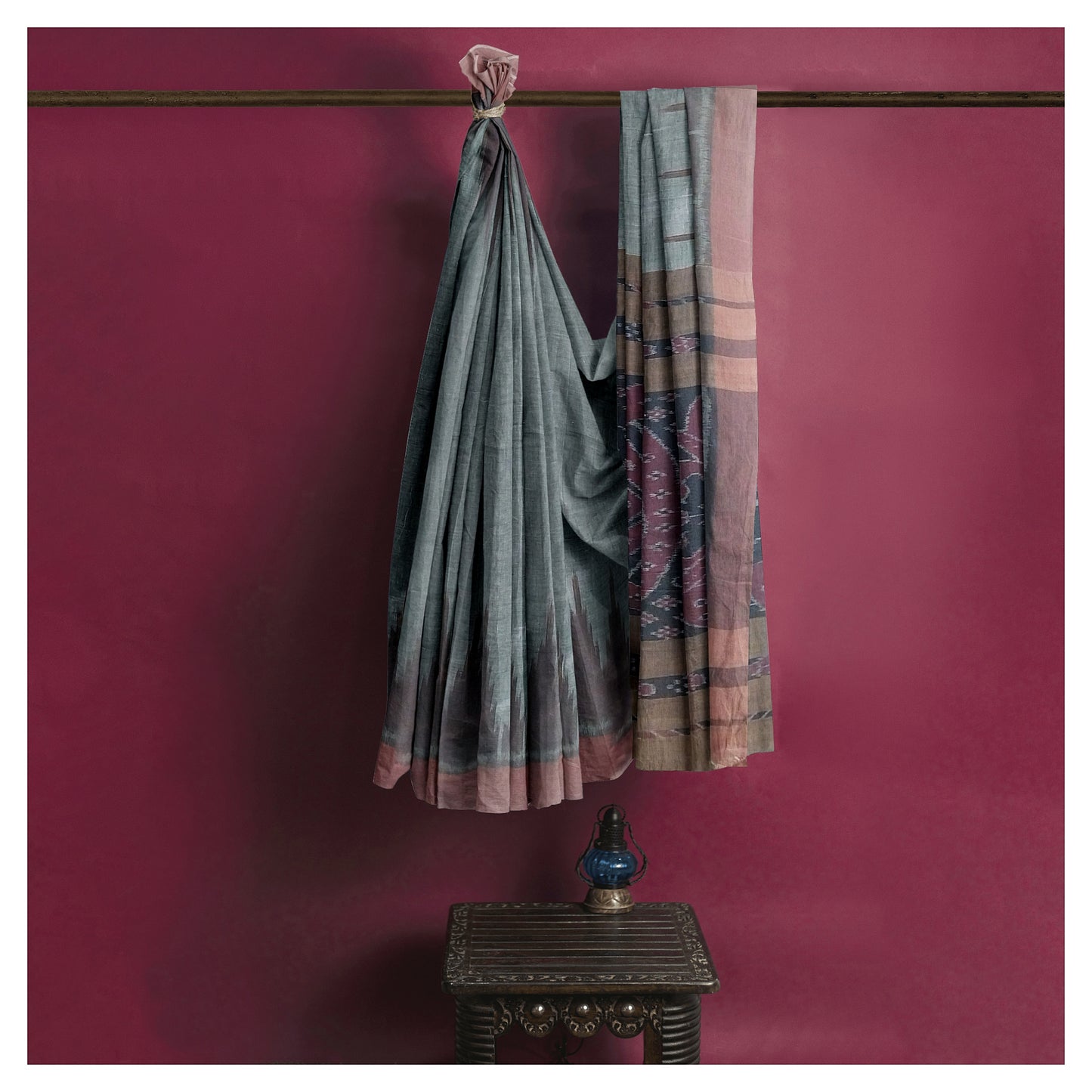 Sambalpuri Hand Woven Grey Saree with Black-Brown Blouse