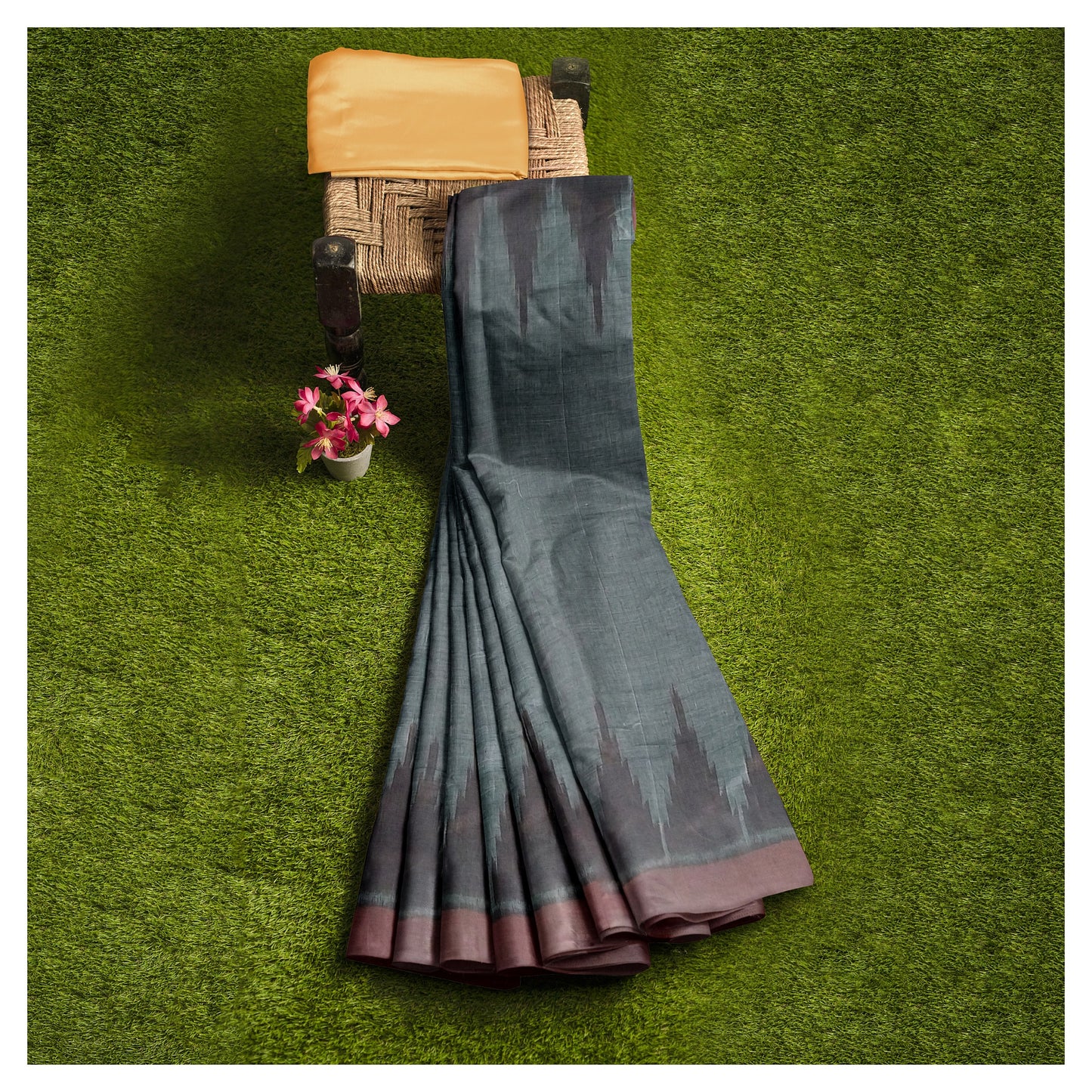 Sambalpuri Hand Woven Grey Saree with Black-Brown Blouse