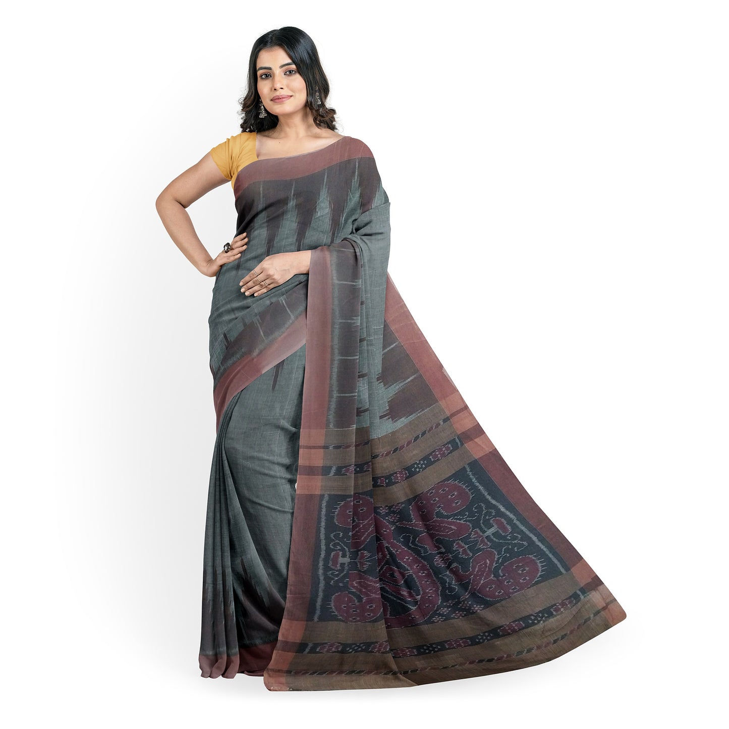 Sambalpuri Hand Woven Grey Saree with Black-Brown Blouse