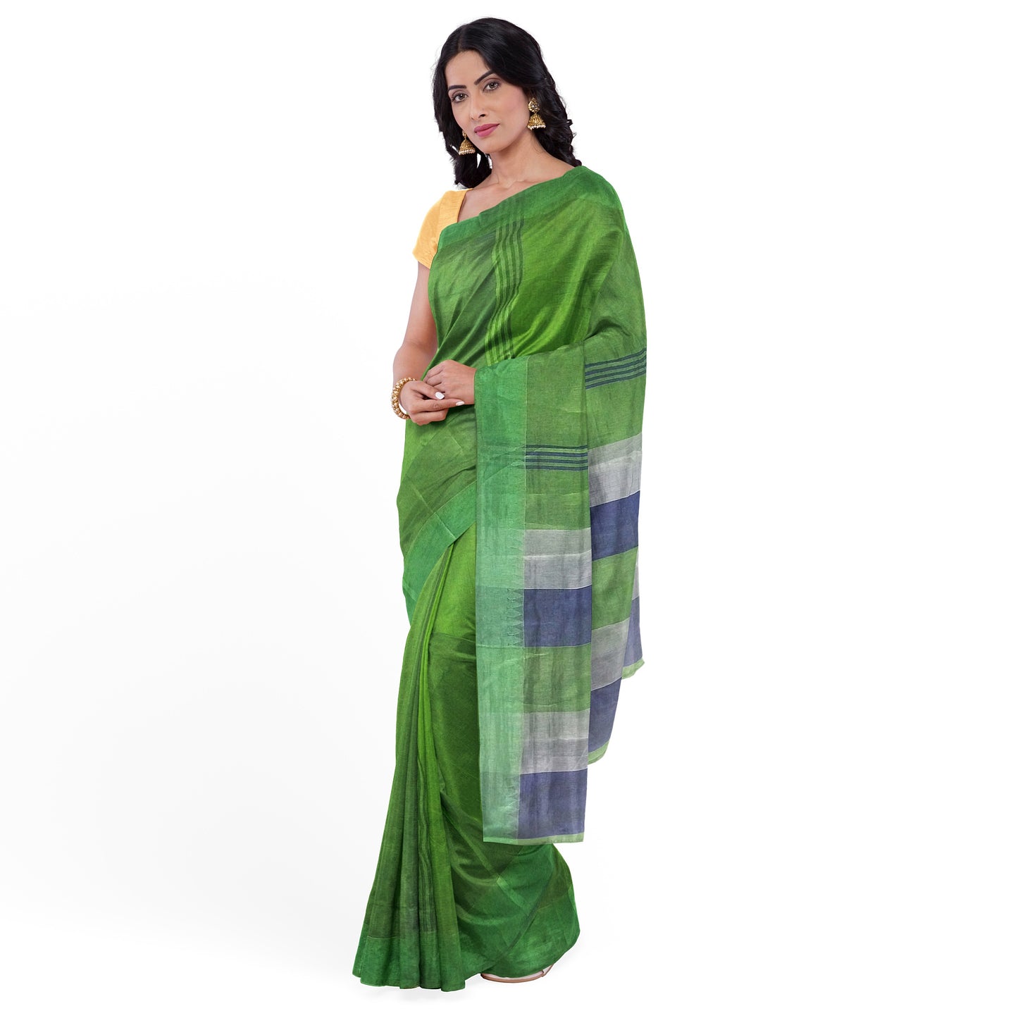 Pure Cotton Blue-Green-Grey Printed Saree
