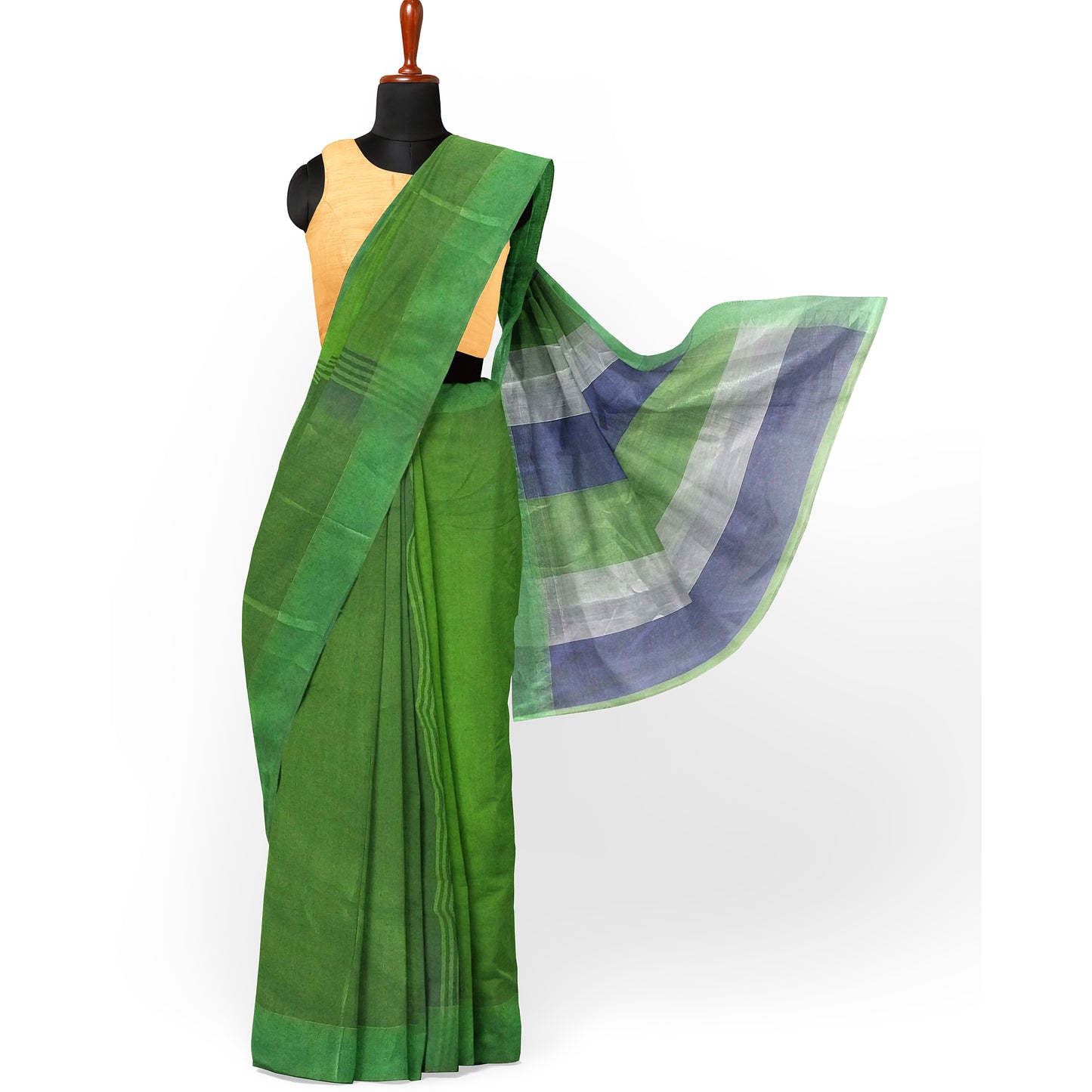 Pure Cotton Blue-Green-Grey Printed Saree