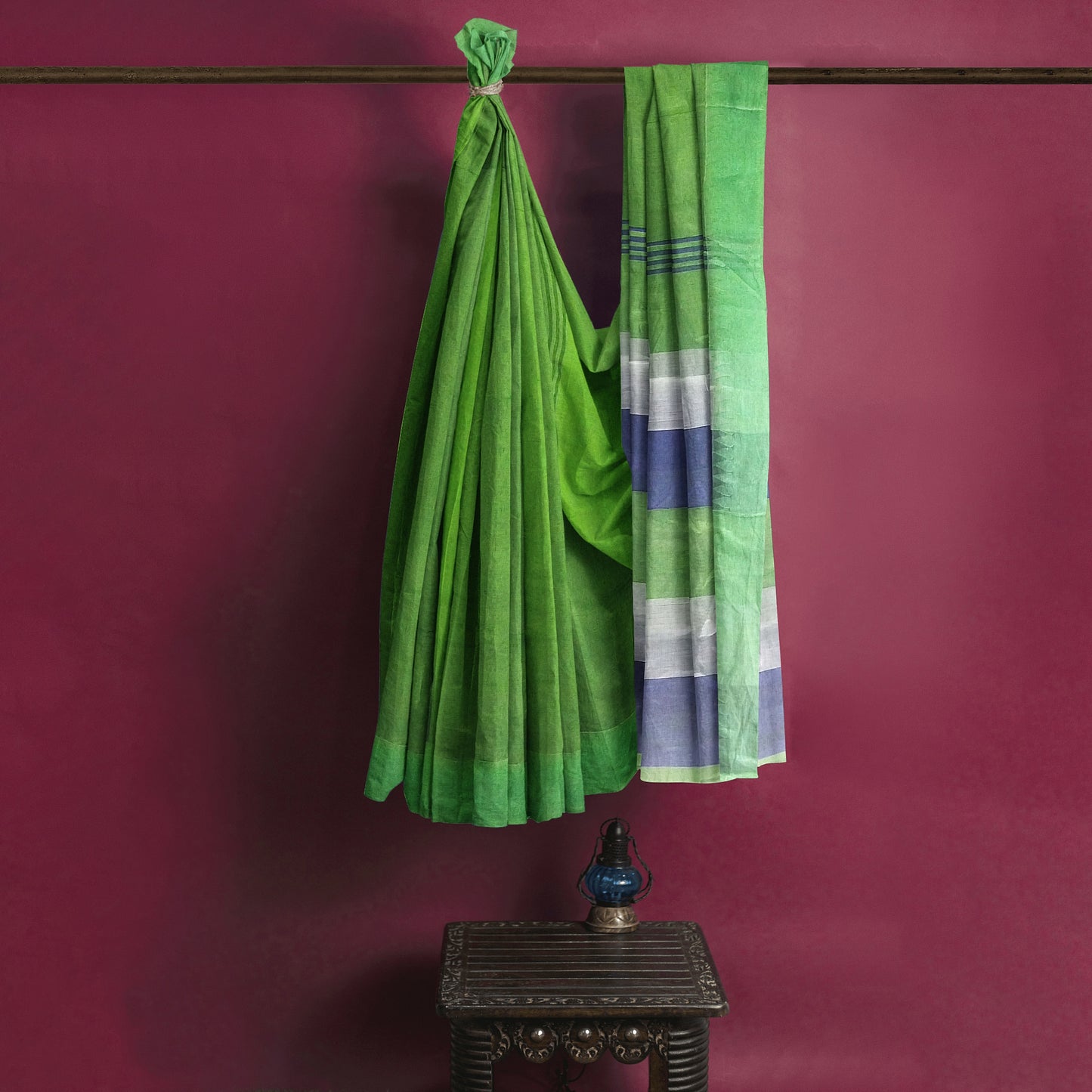 Pure Cotton Blue-Green-Grey Printed Saree