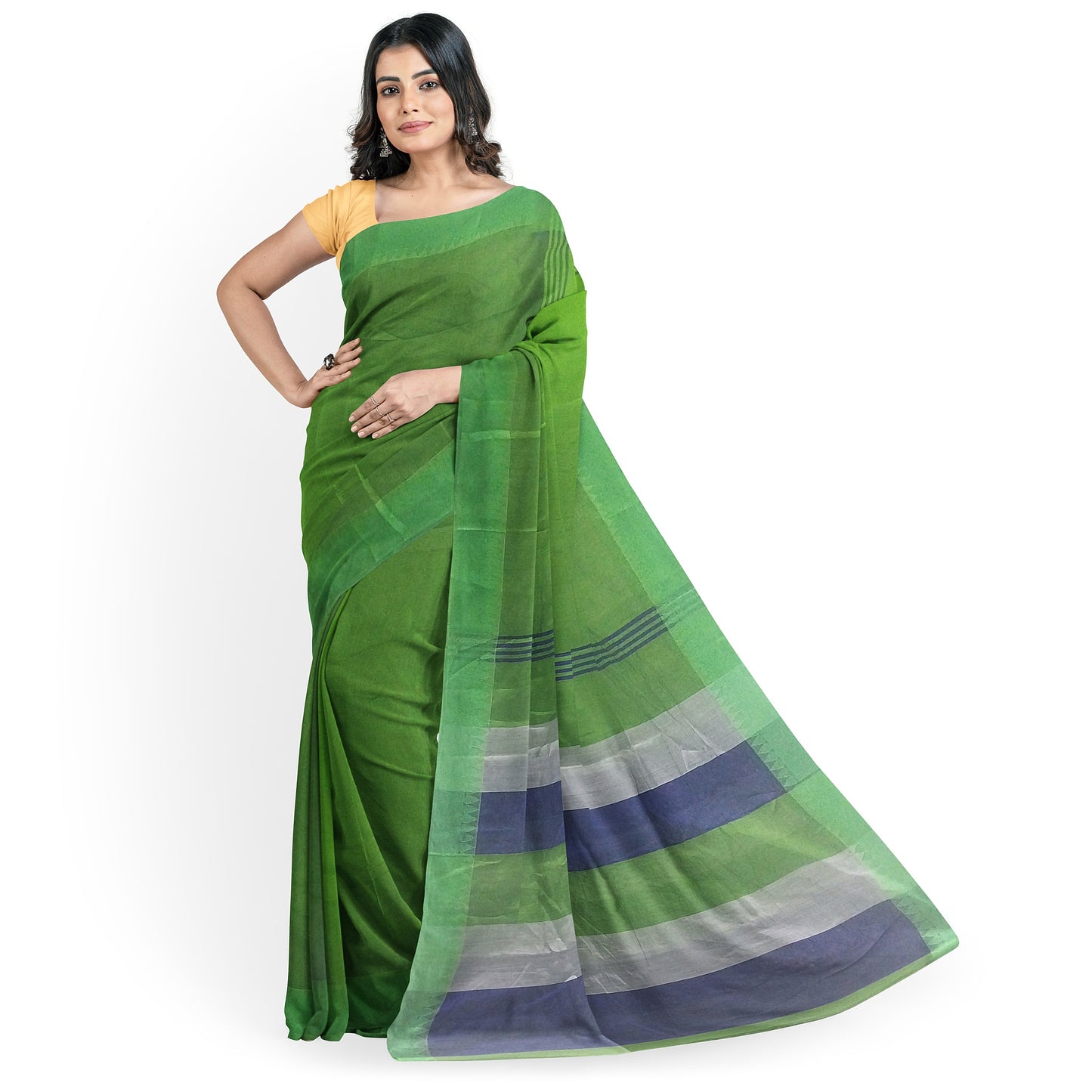Pure Cotton Blue-Green-Grey Printed Saree