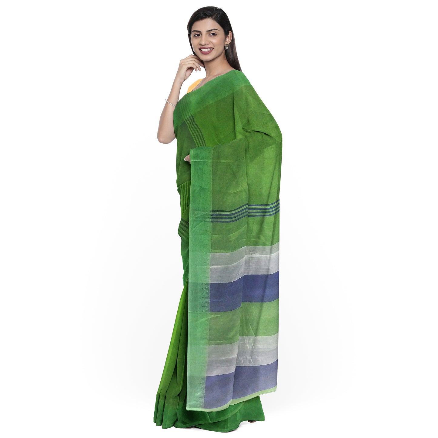 Pure Cotton Blue-Green-Grey Printed Saree
