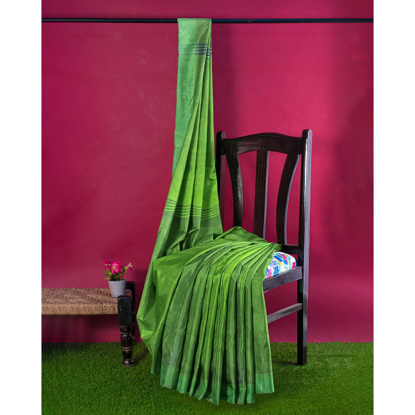 Pure Cotton Blue-Green-Grey Printed Saree