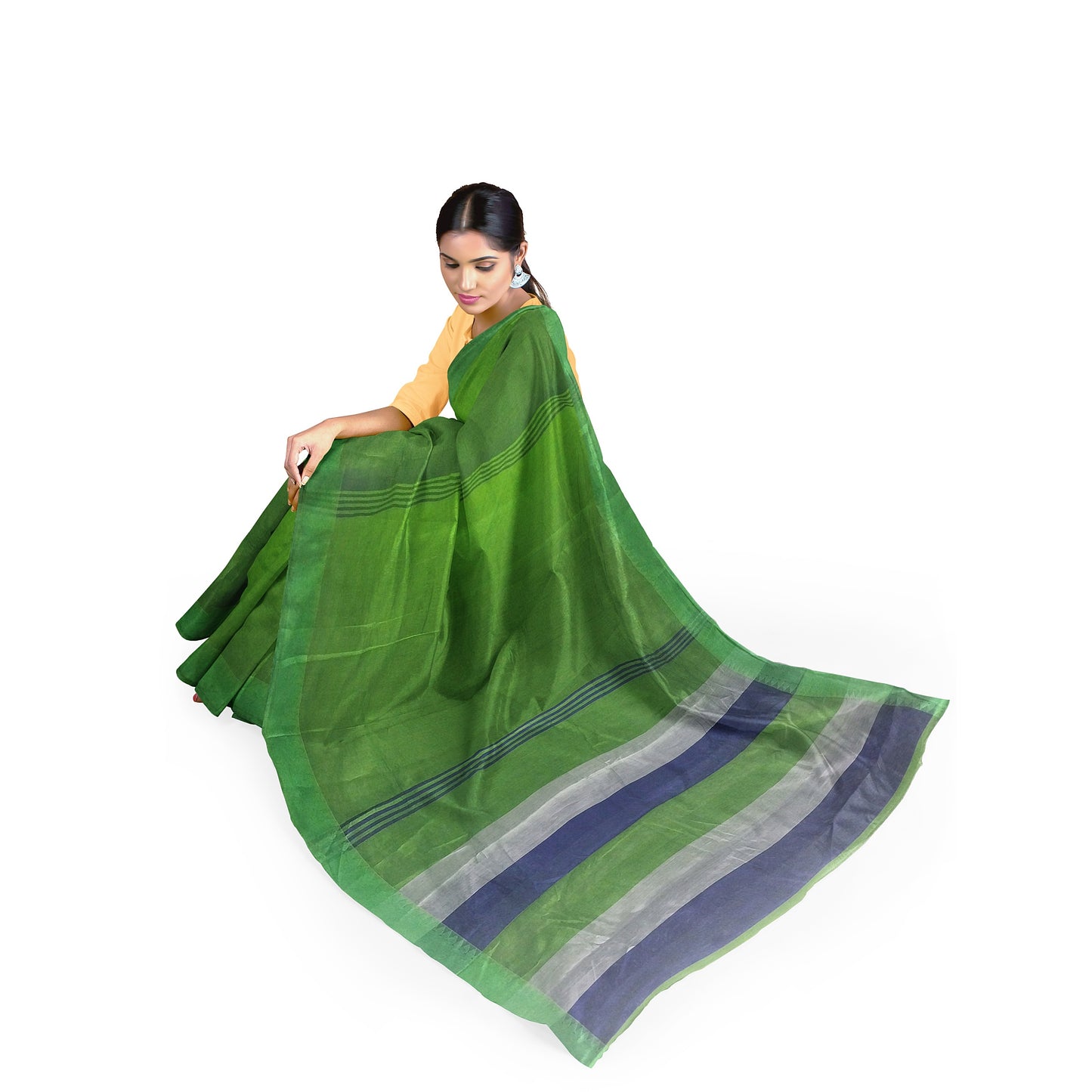 Pure Cotton Blue-Green-Grey Printed Saree