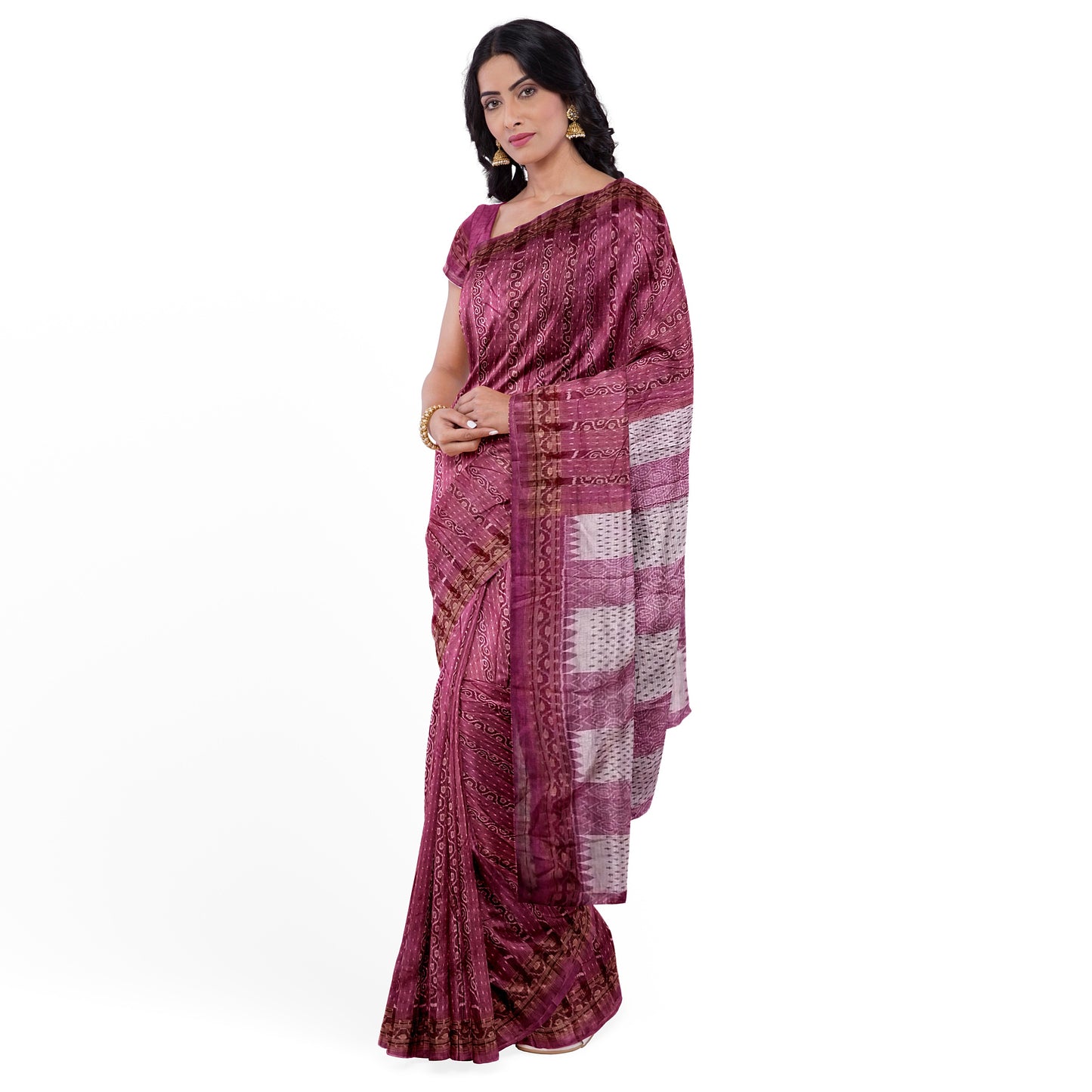 Sambalpuri Handwoven Pink White-Creme Colors Silk Saree