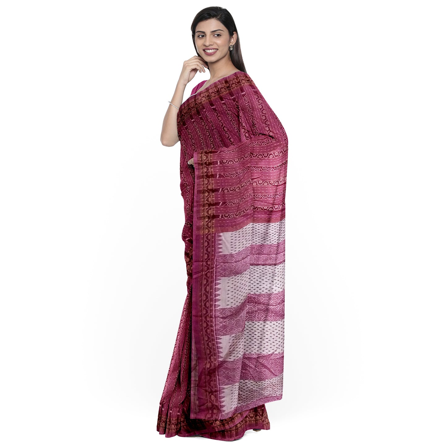 Sambalpuri Handwoven Pink White-Creme Colors Silk Saree