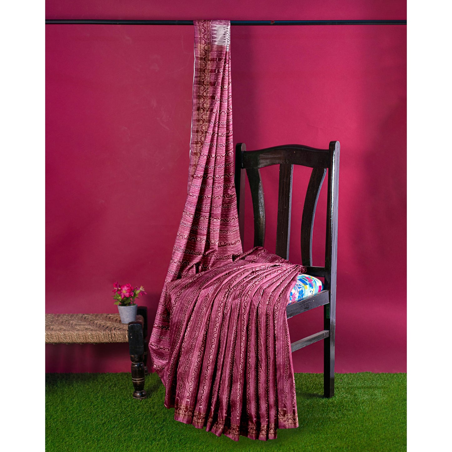 Sambalpuri Handwoven Pink White-Creme Colors Silk Saree