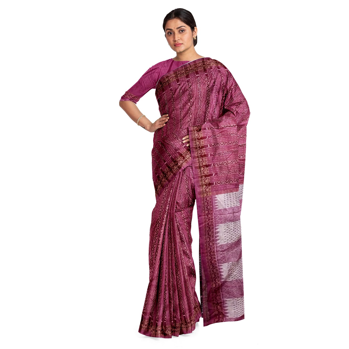 Sambalpuri Handwoven Pink White-Creme Colors Silk Saree