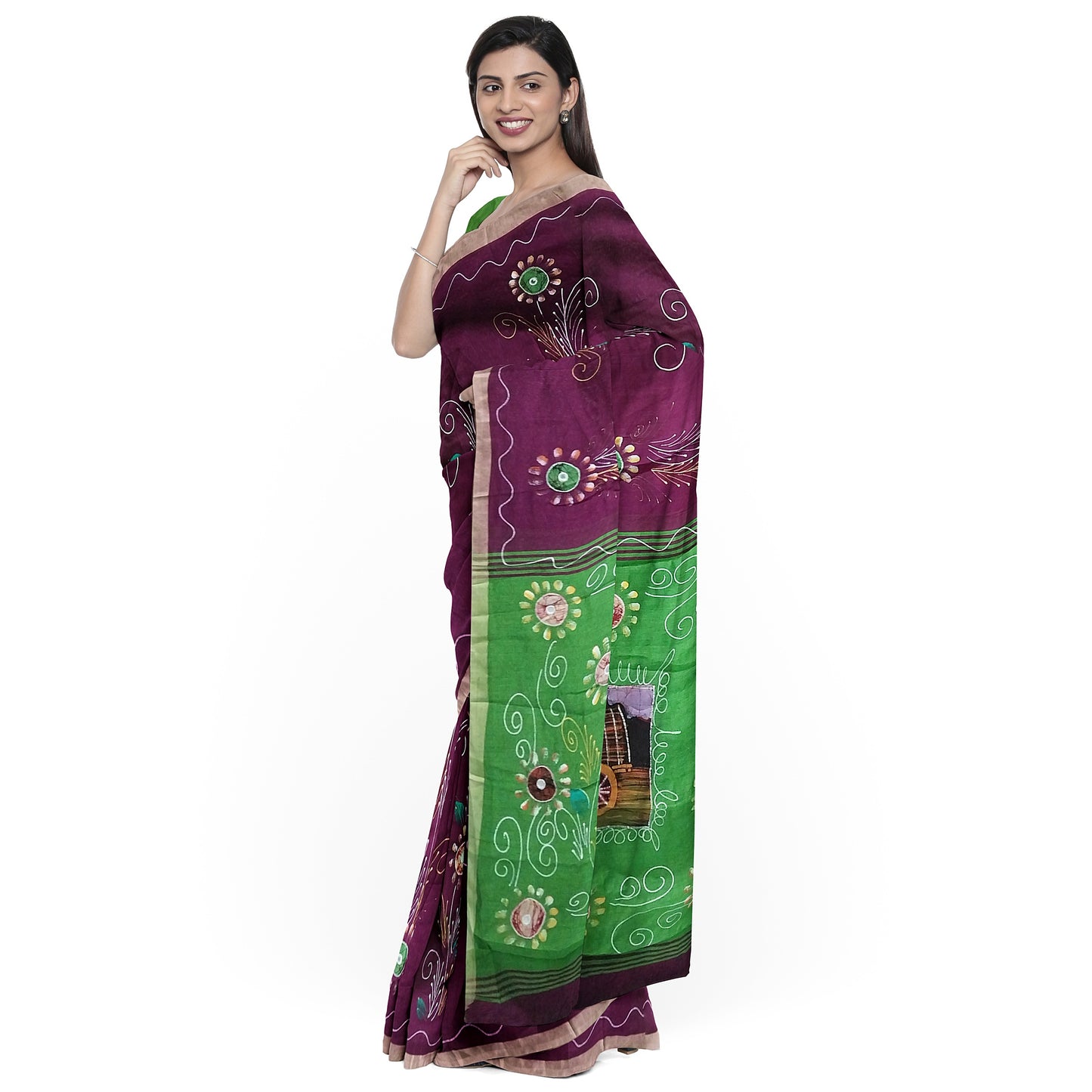 Maroon Saree With Pink Green Coloured Border