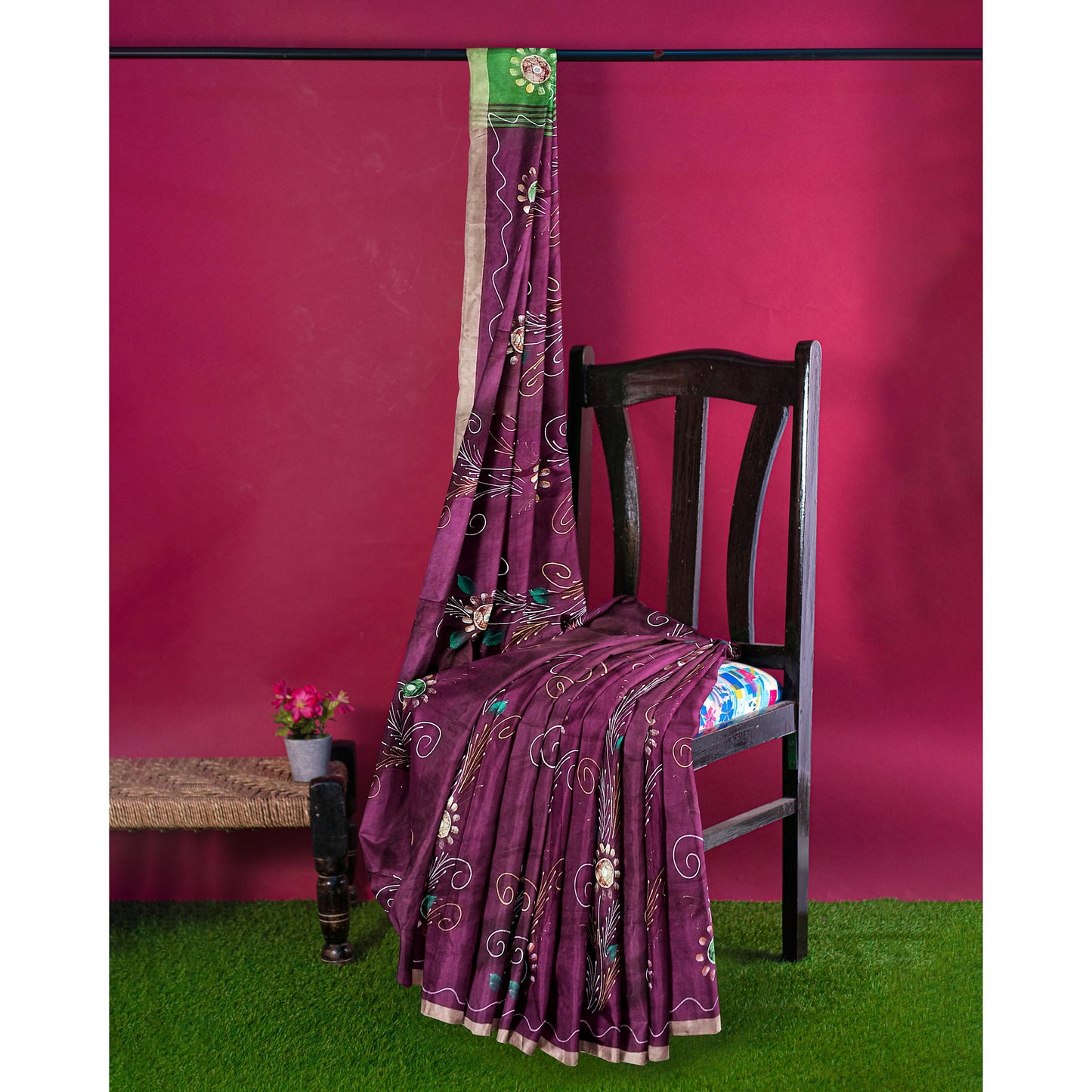 Maroon Saree With Pink Green Coloured Border