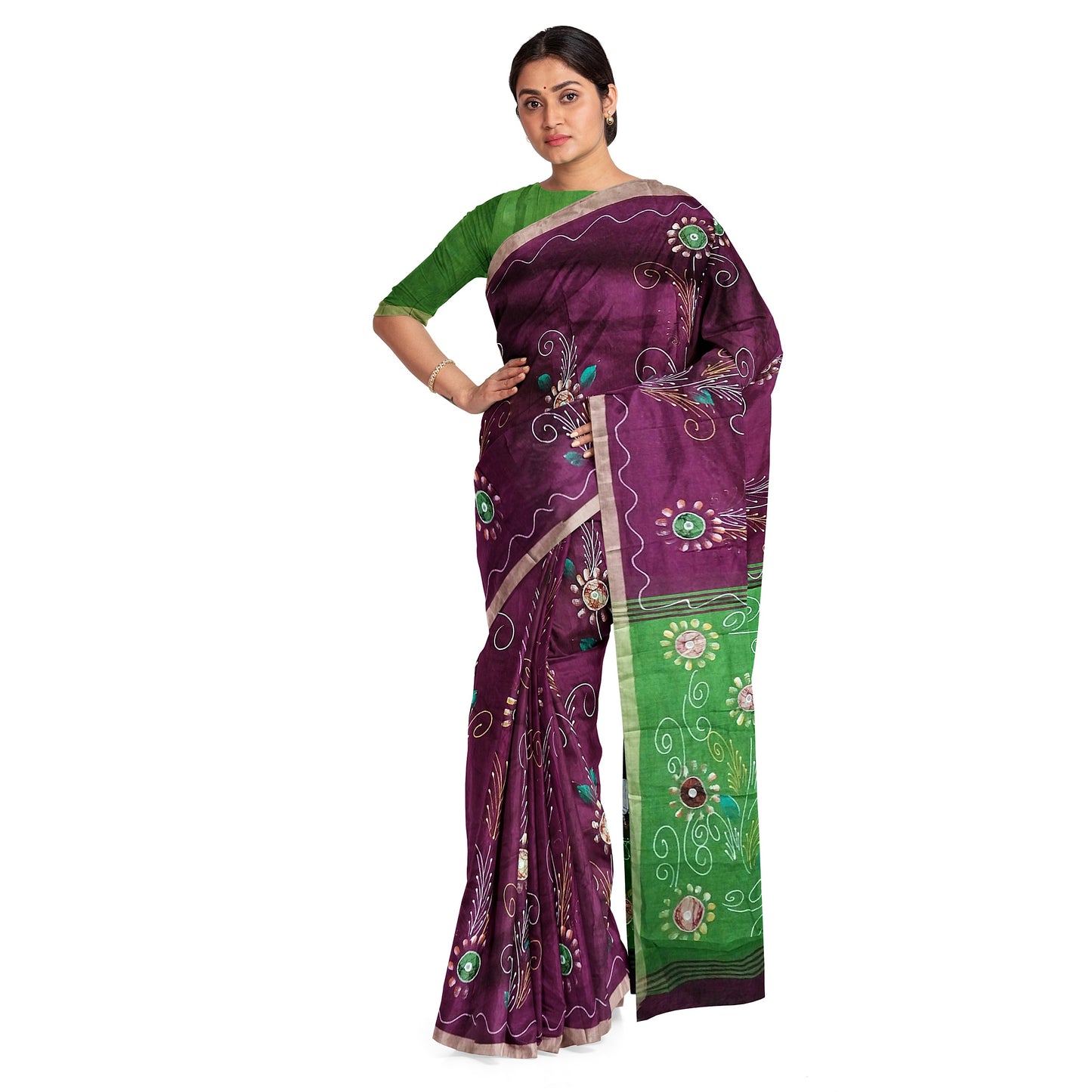 Maroon Saree With Pink Green Coloured Border