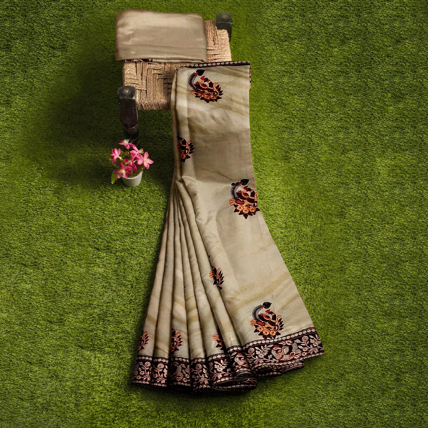 High-quality Silk Saree Crème Color with Boota Work