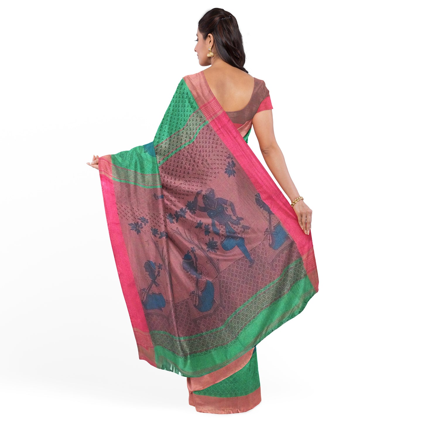 Flower Printed Saree in Green-Maroon Colour