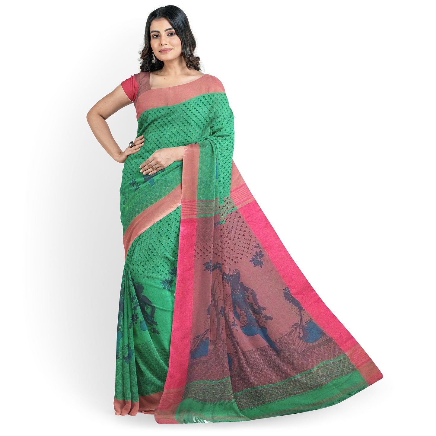 Flower Printed Saree in Green-Maroon Colour