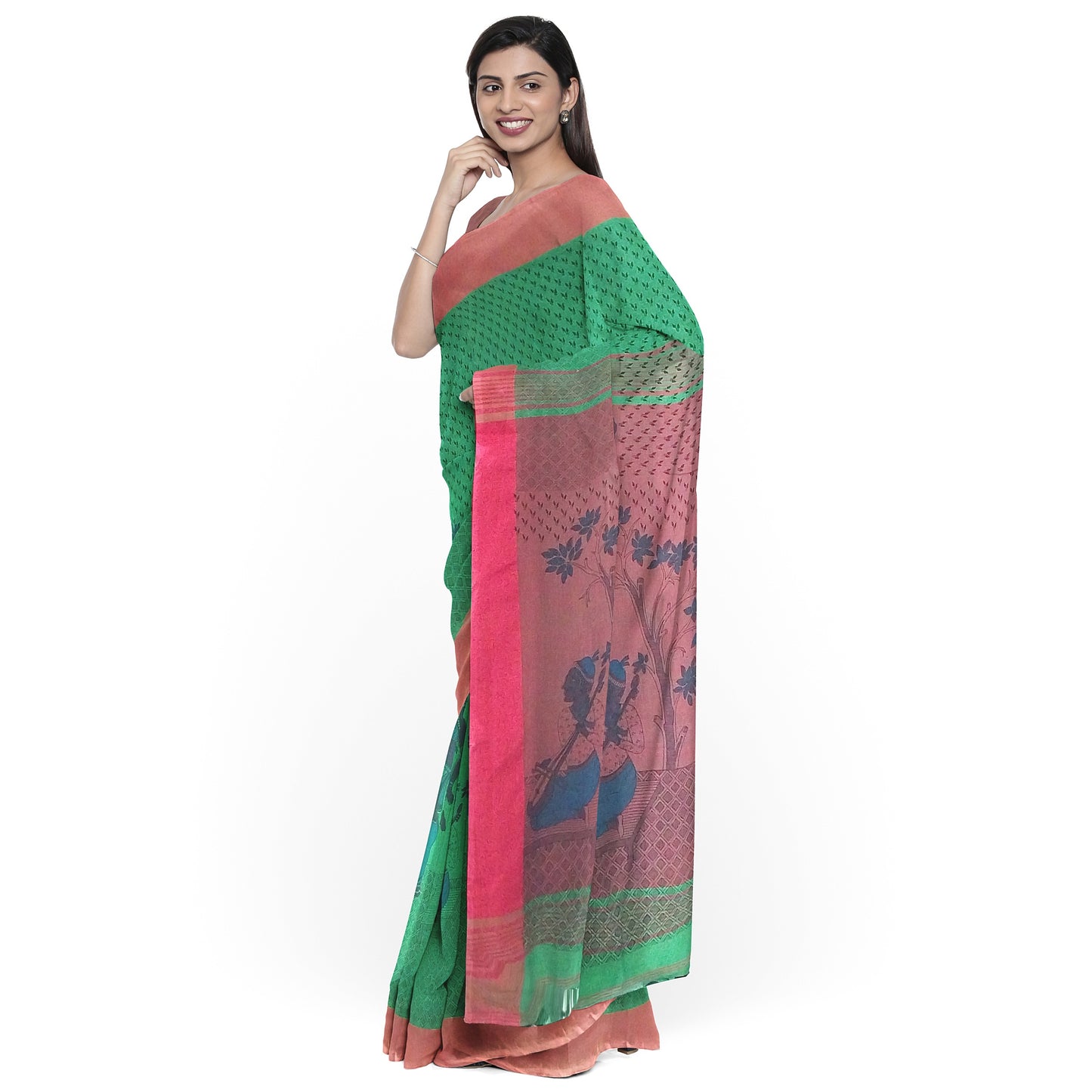Flower Printed Saree in Green-Maroon Colour