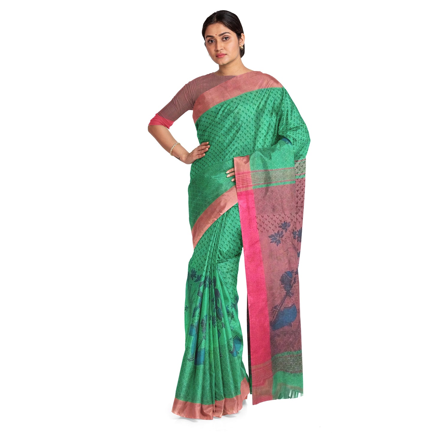 Flower Printed Saree in Green-Maroon Colour