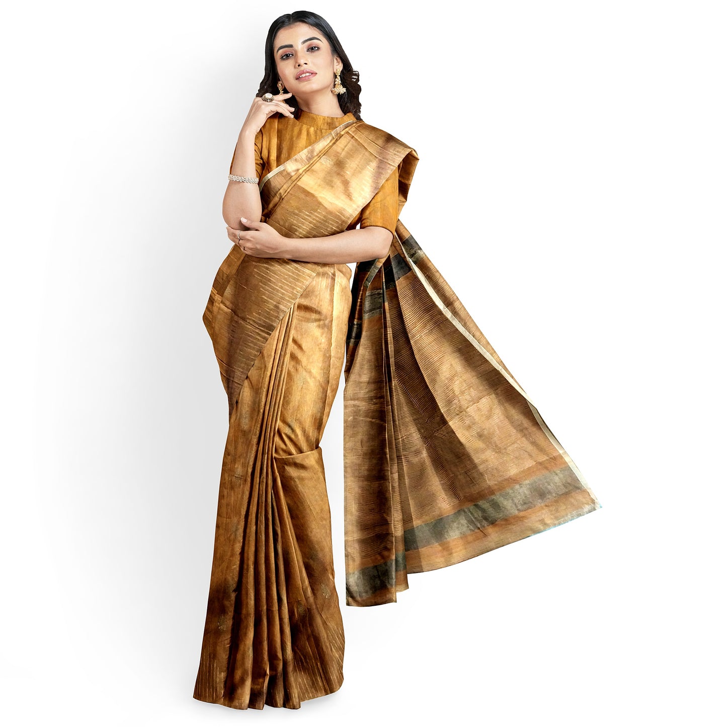 Brown Yellow-tinted Cotton Silk Saree