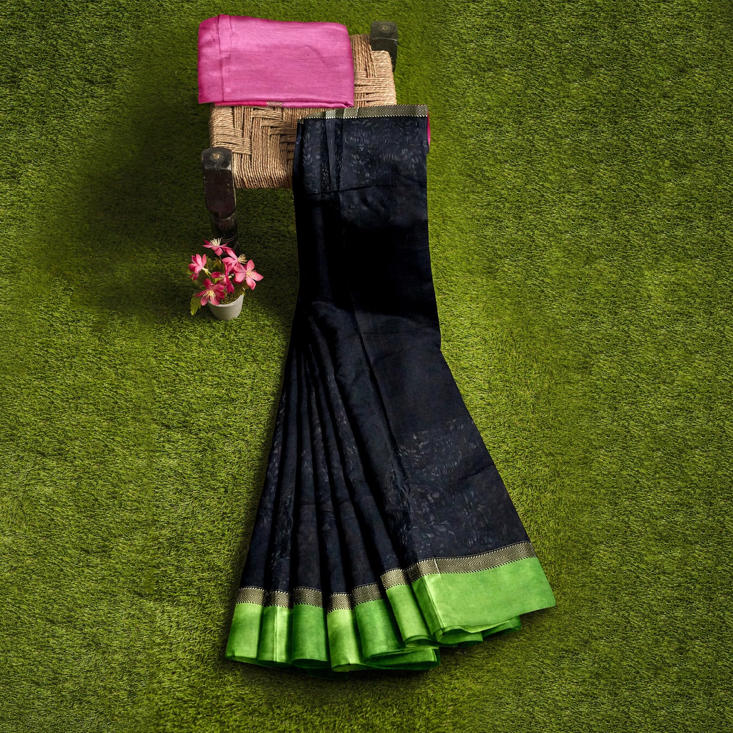 One-of-a-kind Black Cotton Silk Chanderi Saree