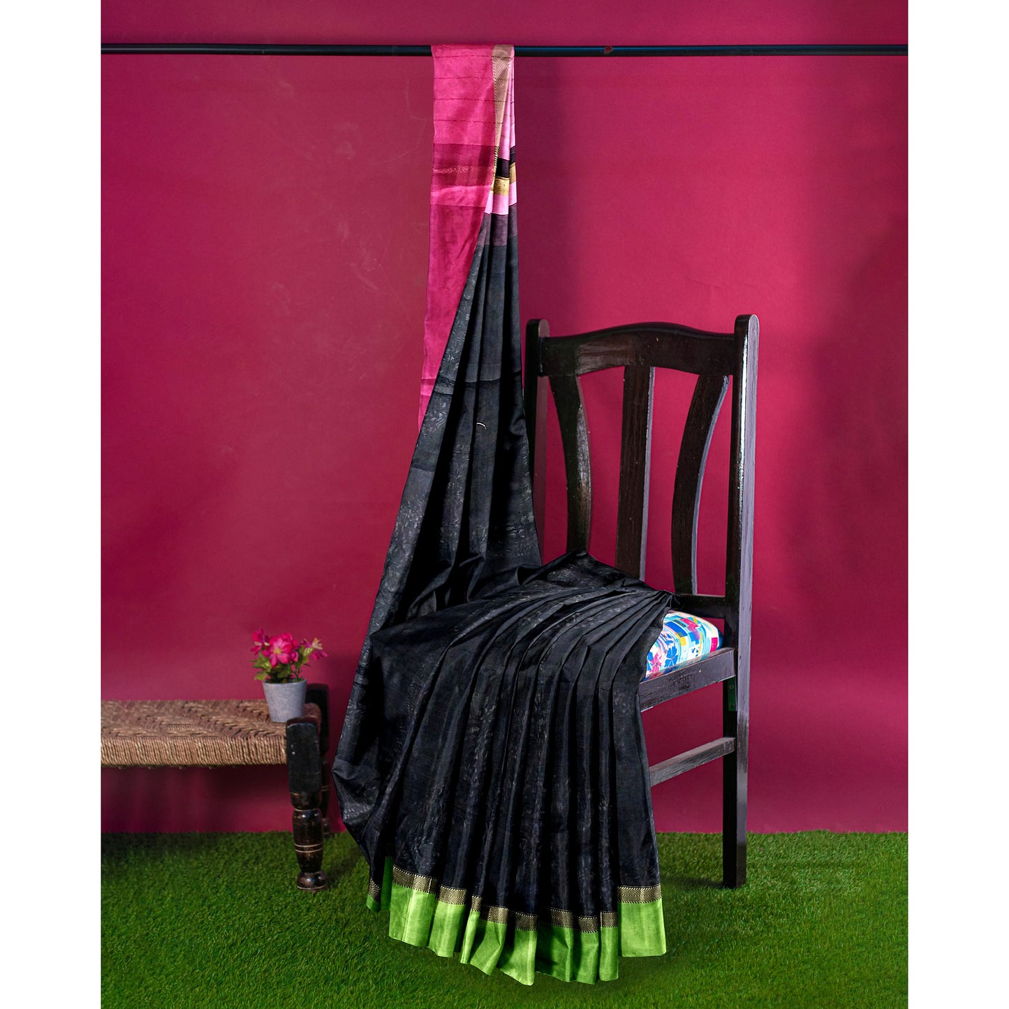 One-of-a-kind Black Cotton Silk Chanderi Saree