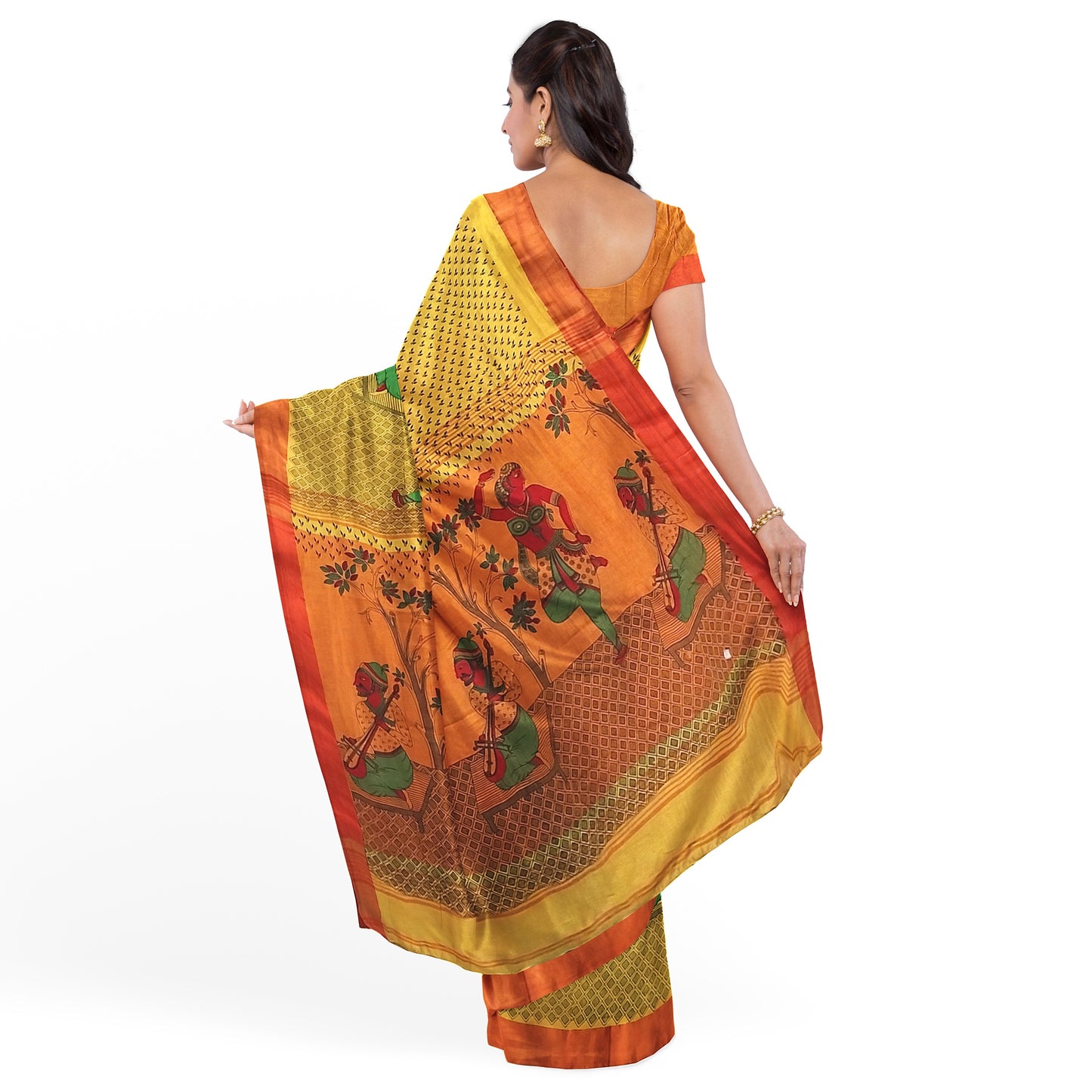 Hand Printed Yellow Orange Green Cotton Saree