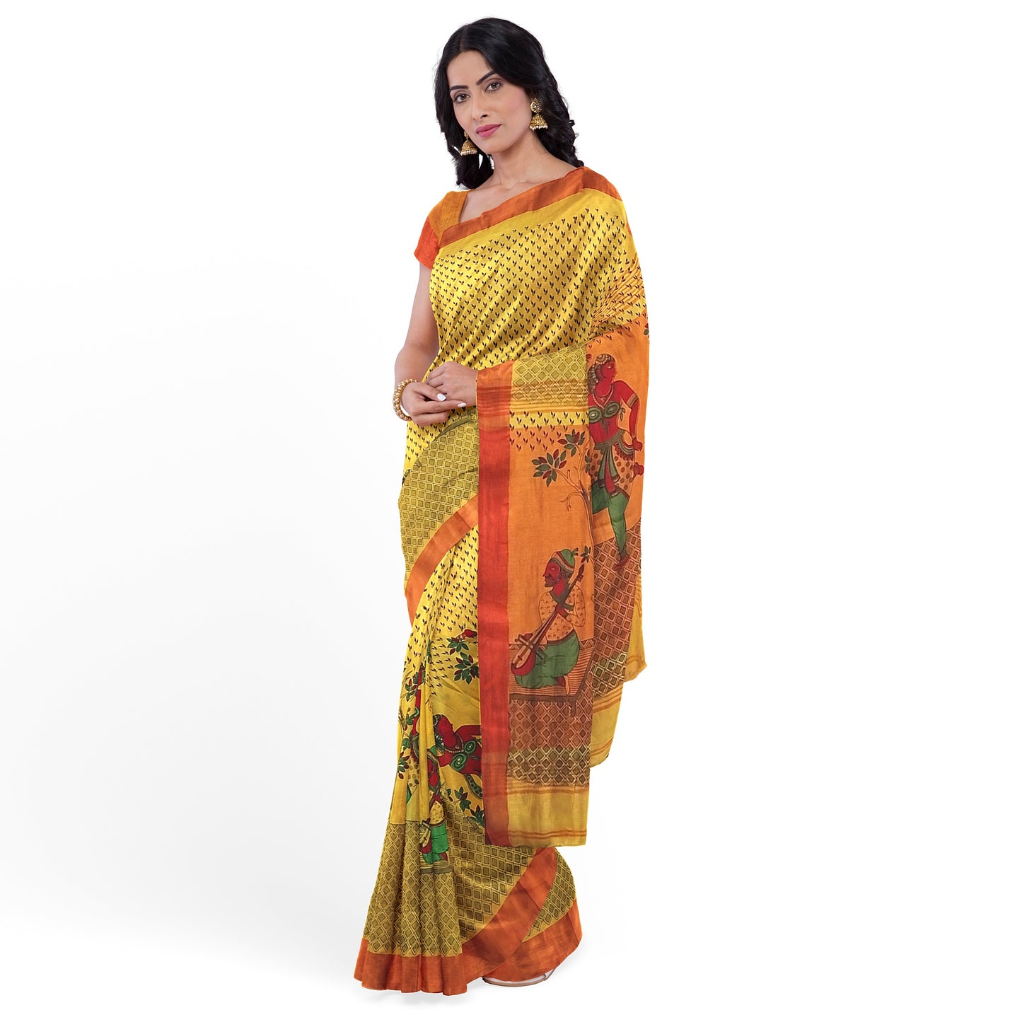 Hand Printed Yellow Orange Green Cotton Saree