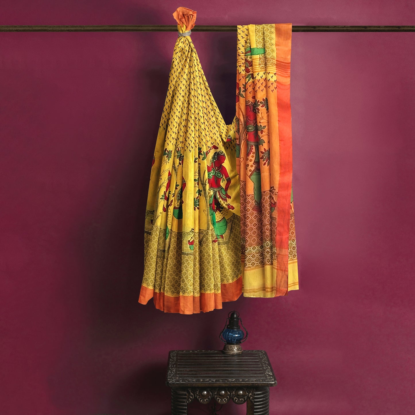 Hand Printed Yellow Orange Green Cotton Saree