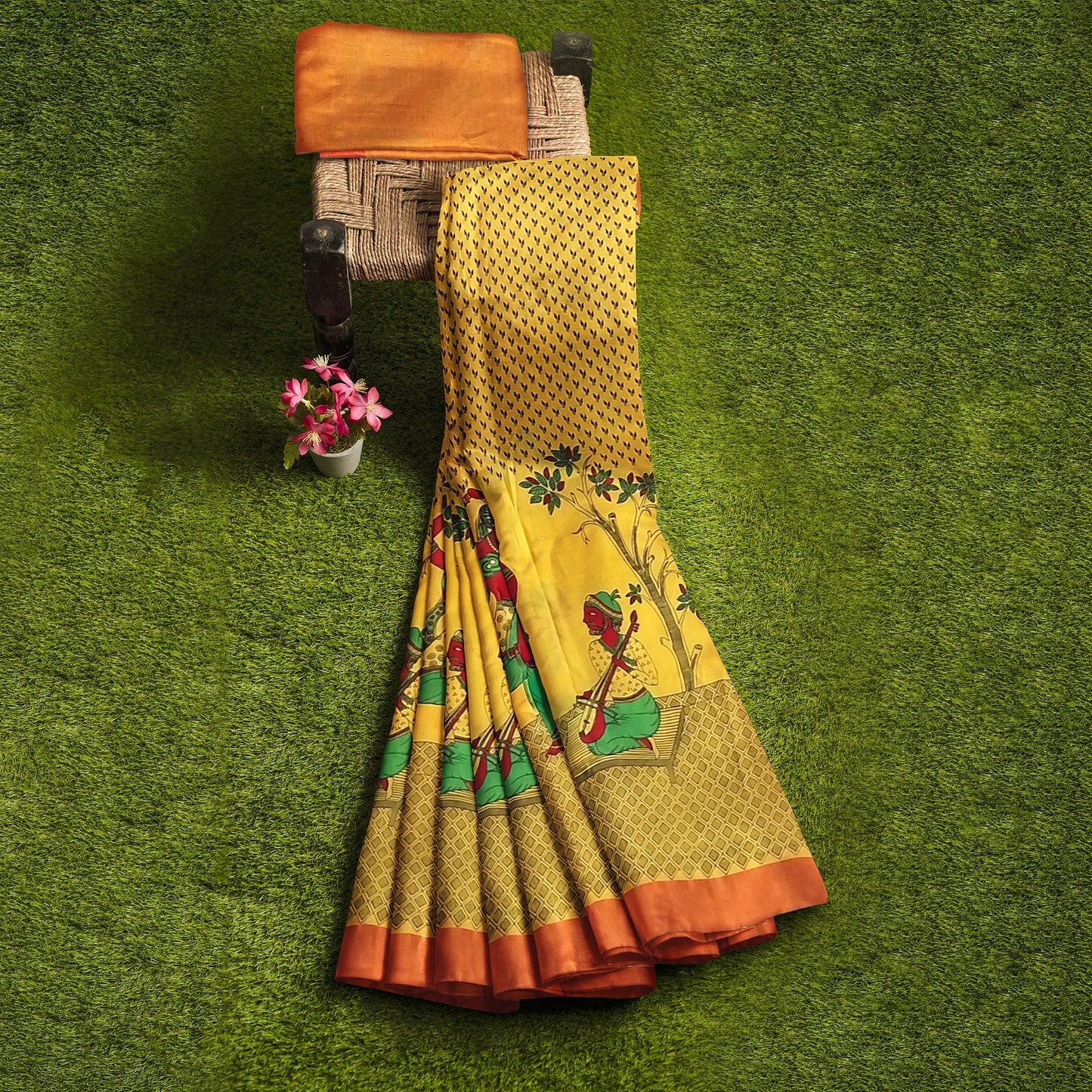 Hand Printed Yellow Orange Green Cotton Saree